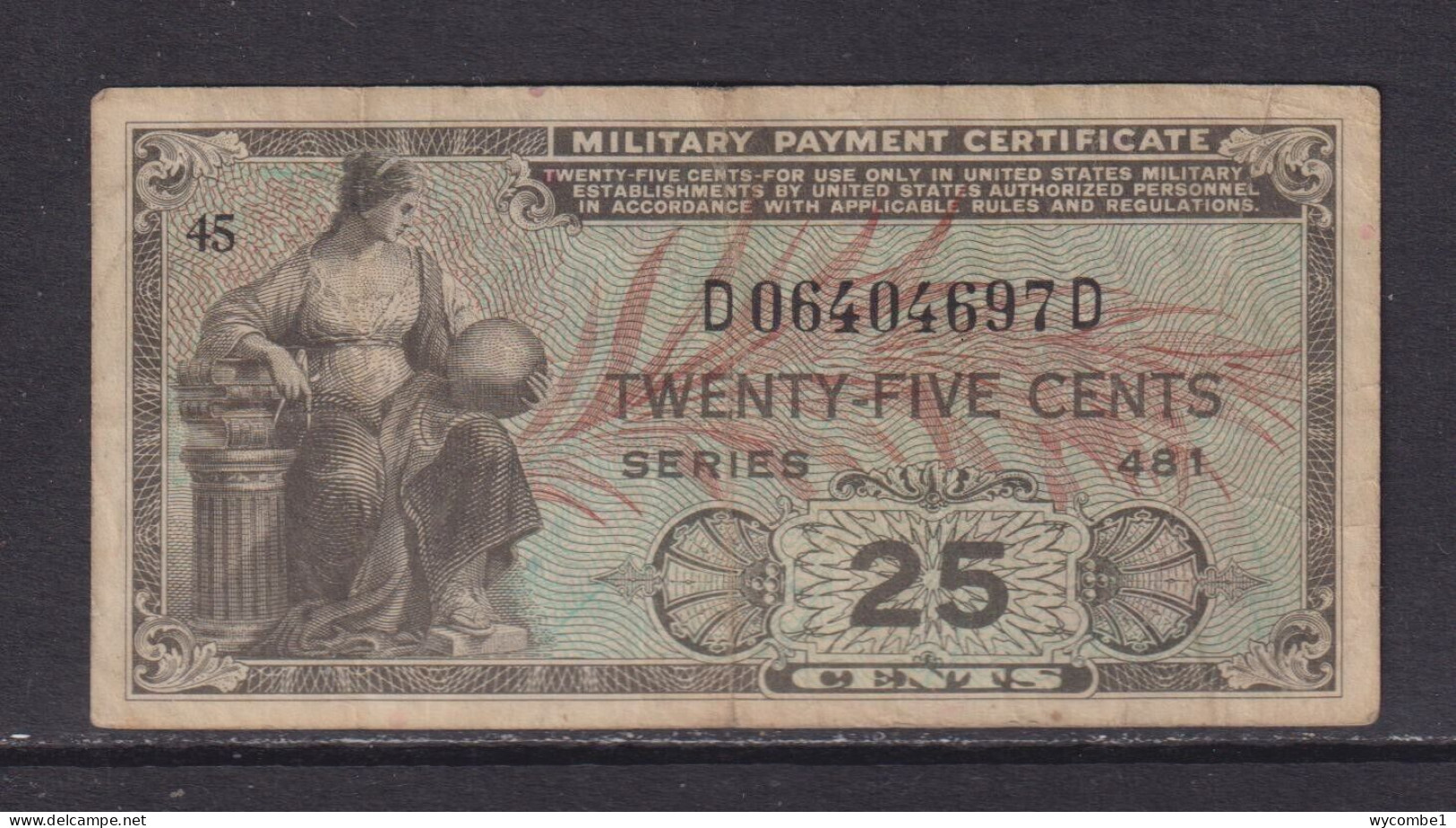 UNITED STATES - 1951 Military Payment Certificate 25 Cents Circulated Banknote - 1951-1954 - Serie 481