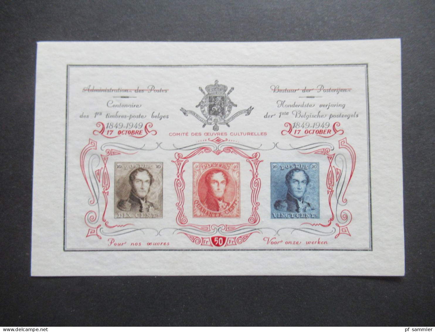 Belgien 1949 Jubiläums Vignete 100 Jahre Belgische Briefmarken / 3 Stück Davon 1x Mit Rotem Aufdruck Comité Des Oeuvres - Nuovi