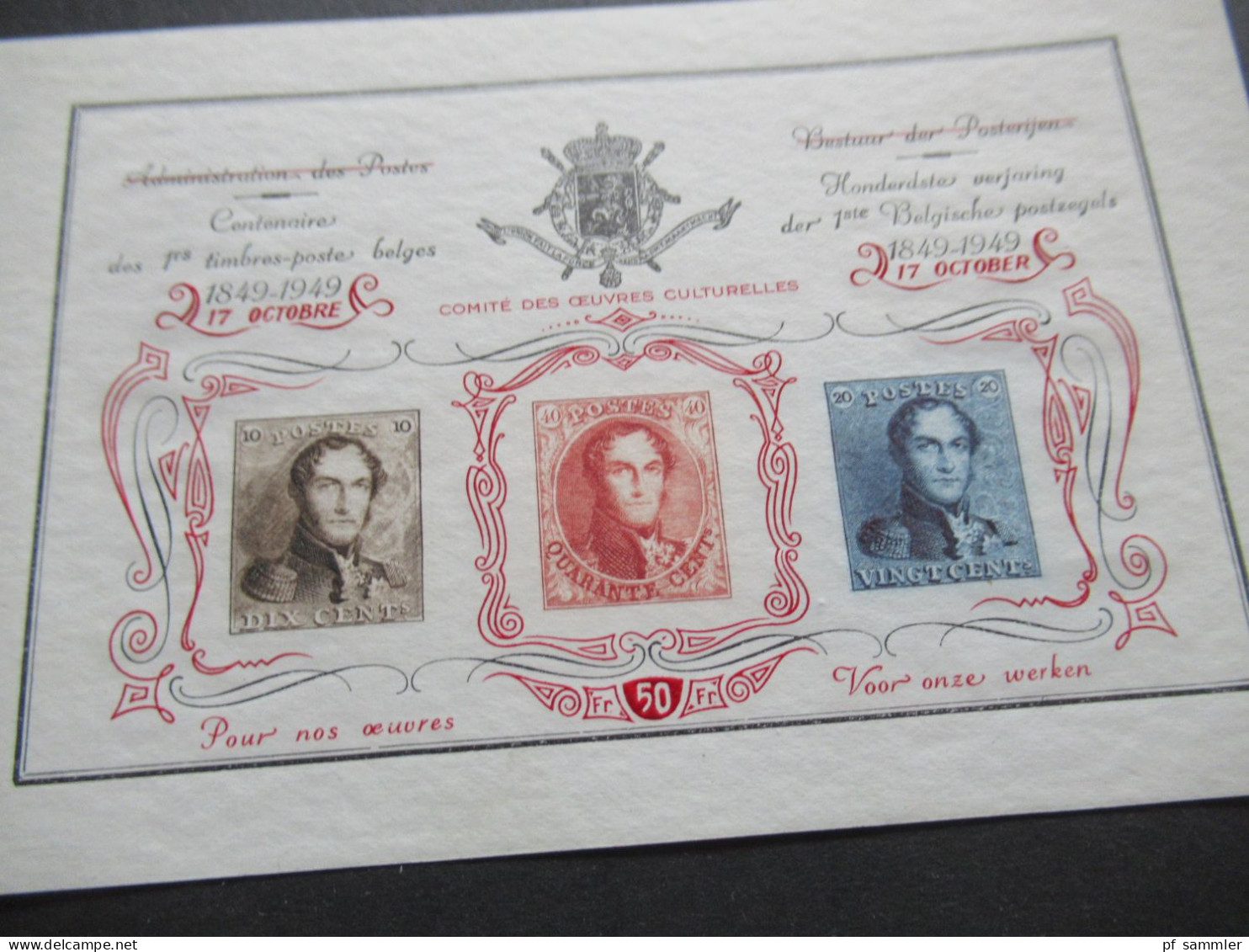 Belgien 1949 Jubiläums Vignete 100 Jahre Belgische Briefmarken / 3 Stück davon 1x mit rotem Aufdruck Comité des Oeuvres