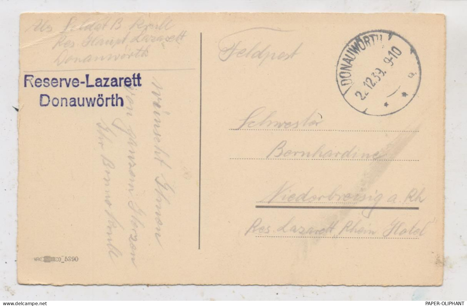 8850 DONAUWÖRTH, Postgeschichte, Feldpost Dezember 1939, Reserve Lazarett - Donauwoerth