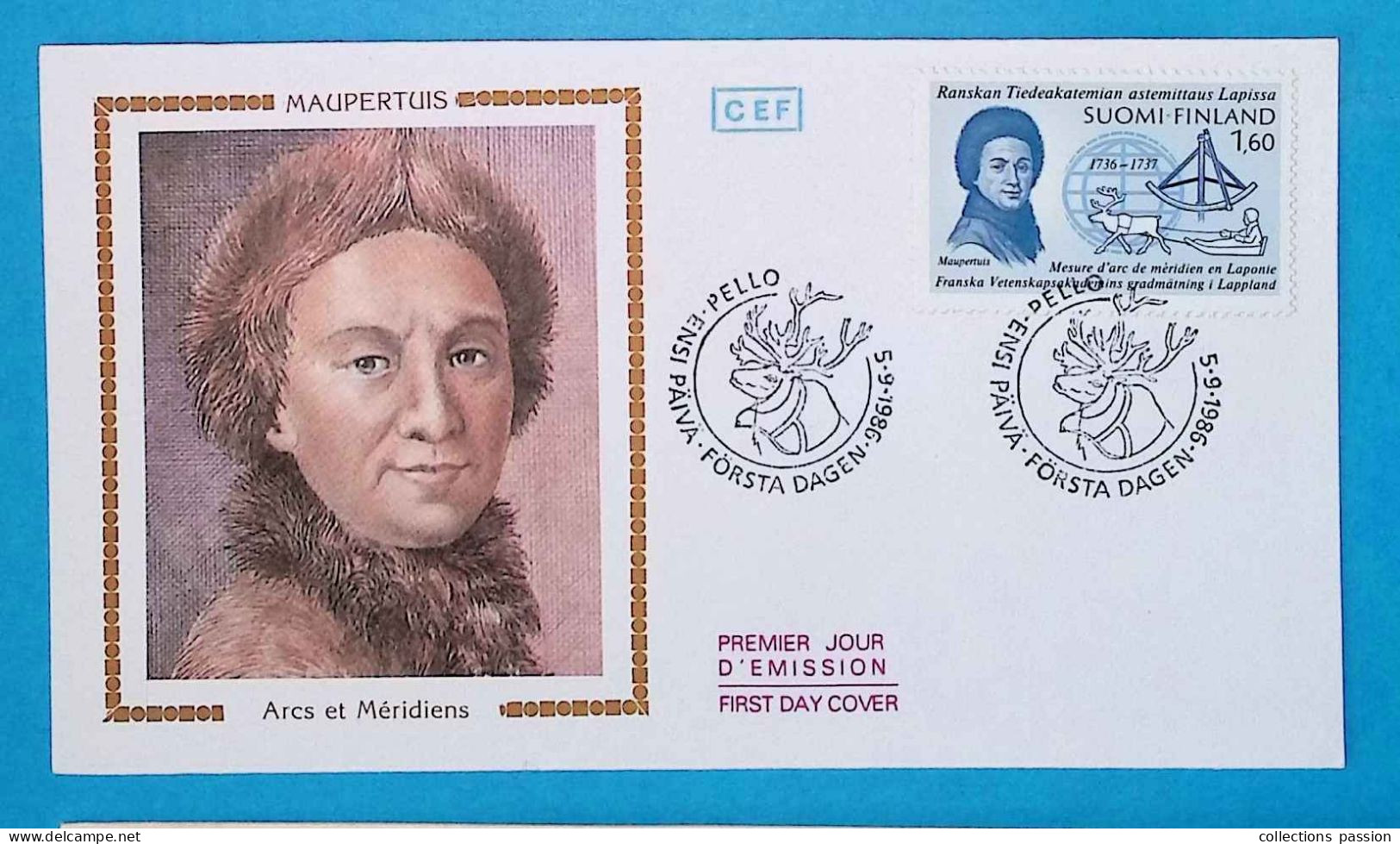 FDC, 1 Er Jour, Finlande,  Mesures D'Arcs De Méridien, FÖRSTA DAGEN, 5 Sept. 1986, Maupertuis, CEF, Timbre 1.60 - FDC