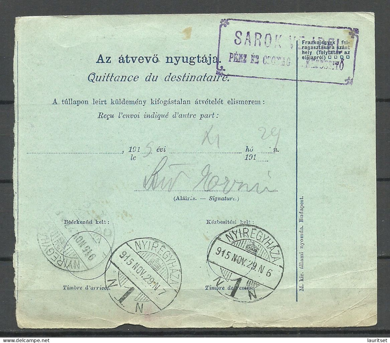 HUNGARY Ungarn 1929 Bulletin S'expedition Packet Card Paketenkarte O Budapest O Nyiregyhaza - Autres & Non Classés