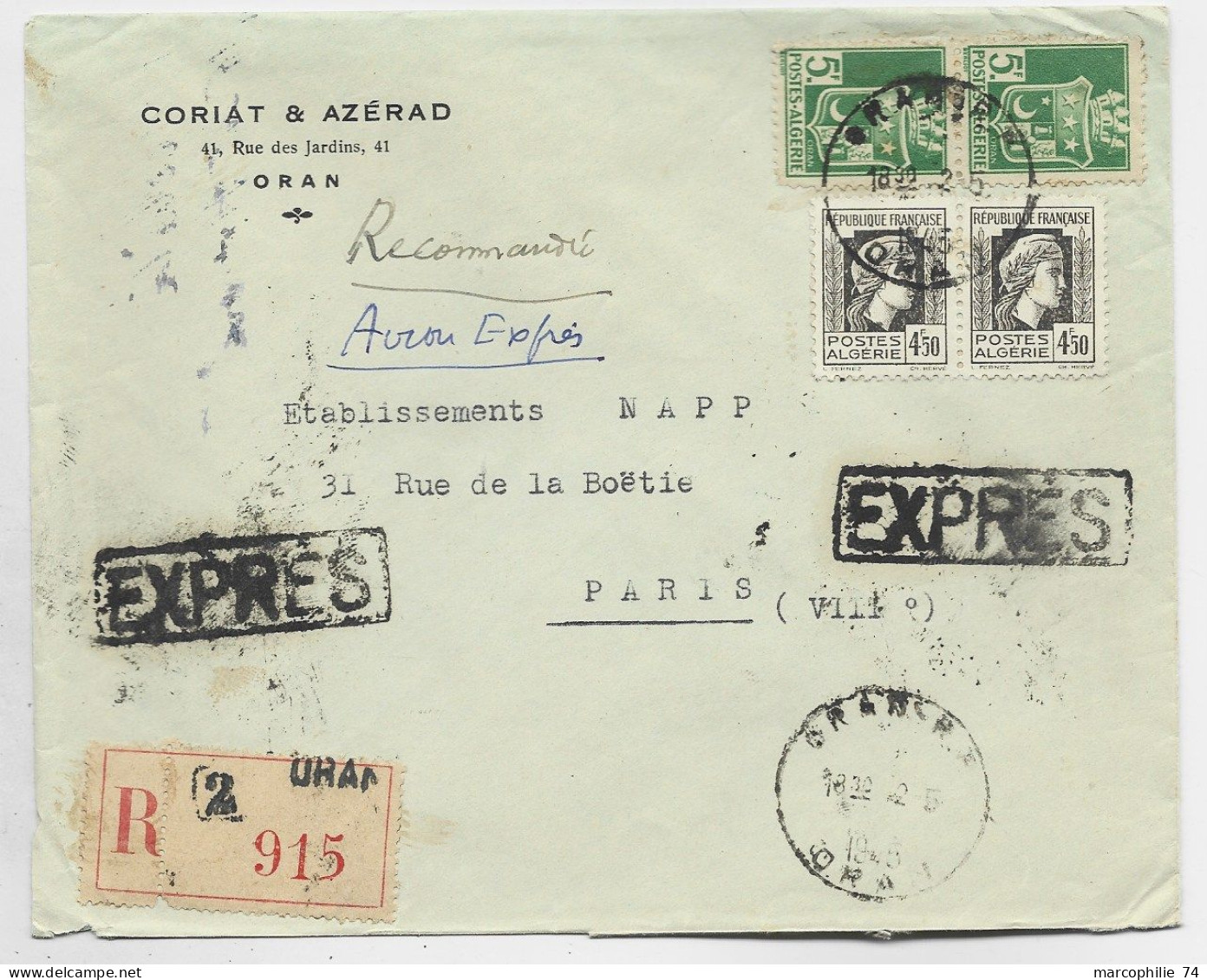 MARIANNE ALGERIE 4FR50 PAIRE + 5FR BLASON PAIRE LETTRE COVER REC EXPRES AVION ORAN RP 2.5.1945 POUR PARIS - 1944 Marianne Van Algerije