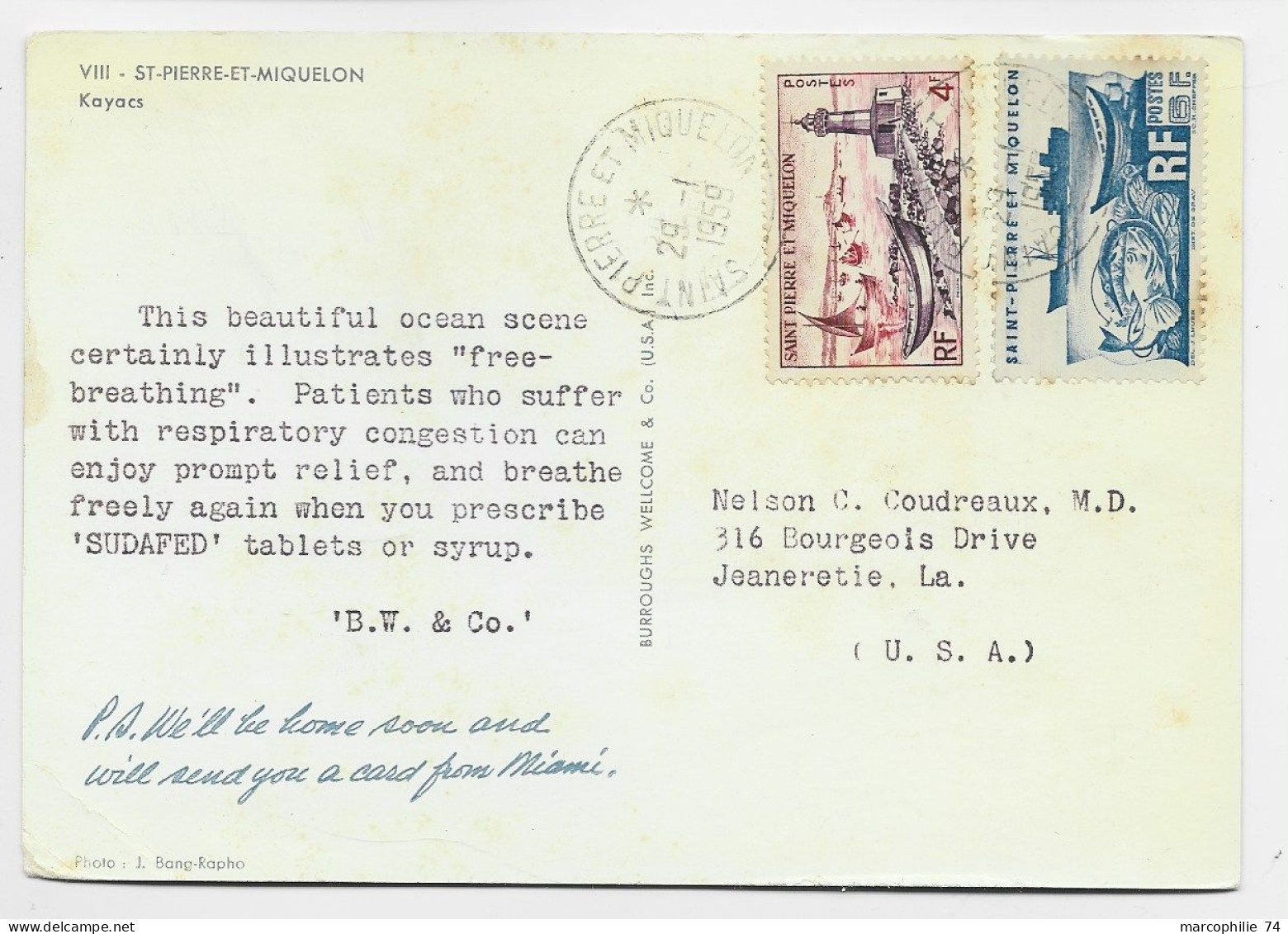 SAINT PIERRE ET MIQUELON 4FR+6FR CARTE PUB BW CO DOCTEUR KAYAK ST PIERRE ET MIQUELON 29.1.1959 POUR USA PEU COMMUN - Covers & Documents