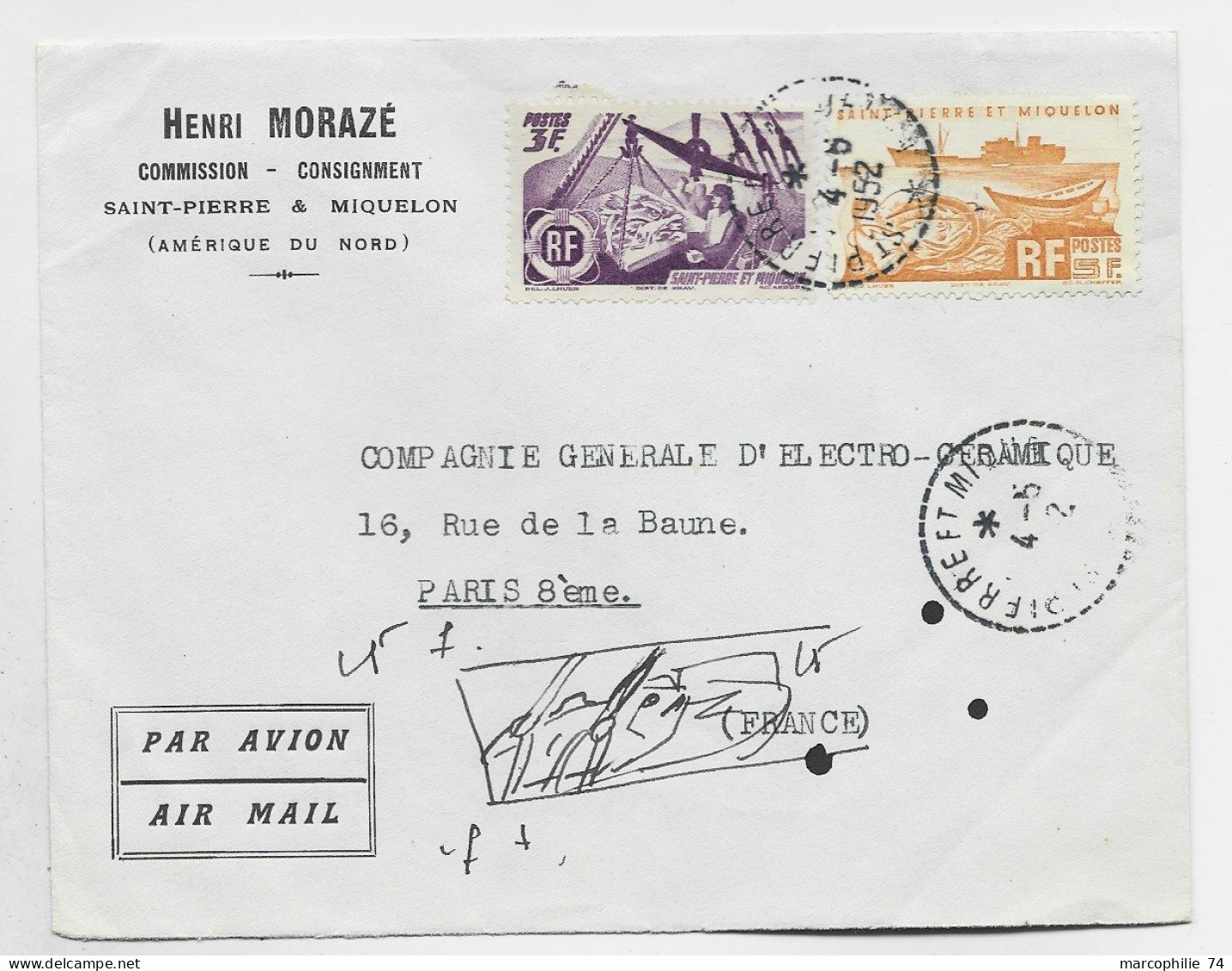 SAINT PIERRE ET MIQUELON 3FR+5FR LETTRE AVION COVER C. PERLE SAINT PIERRE ET MIQUELON 4.5.1952 - Cartas & Documentos