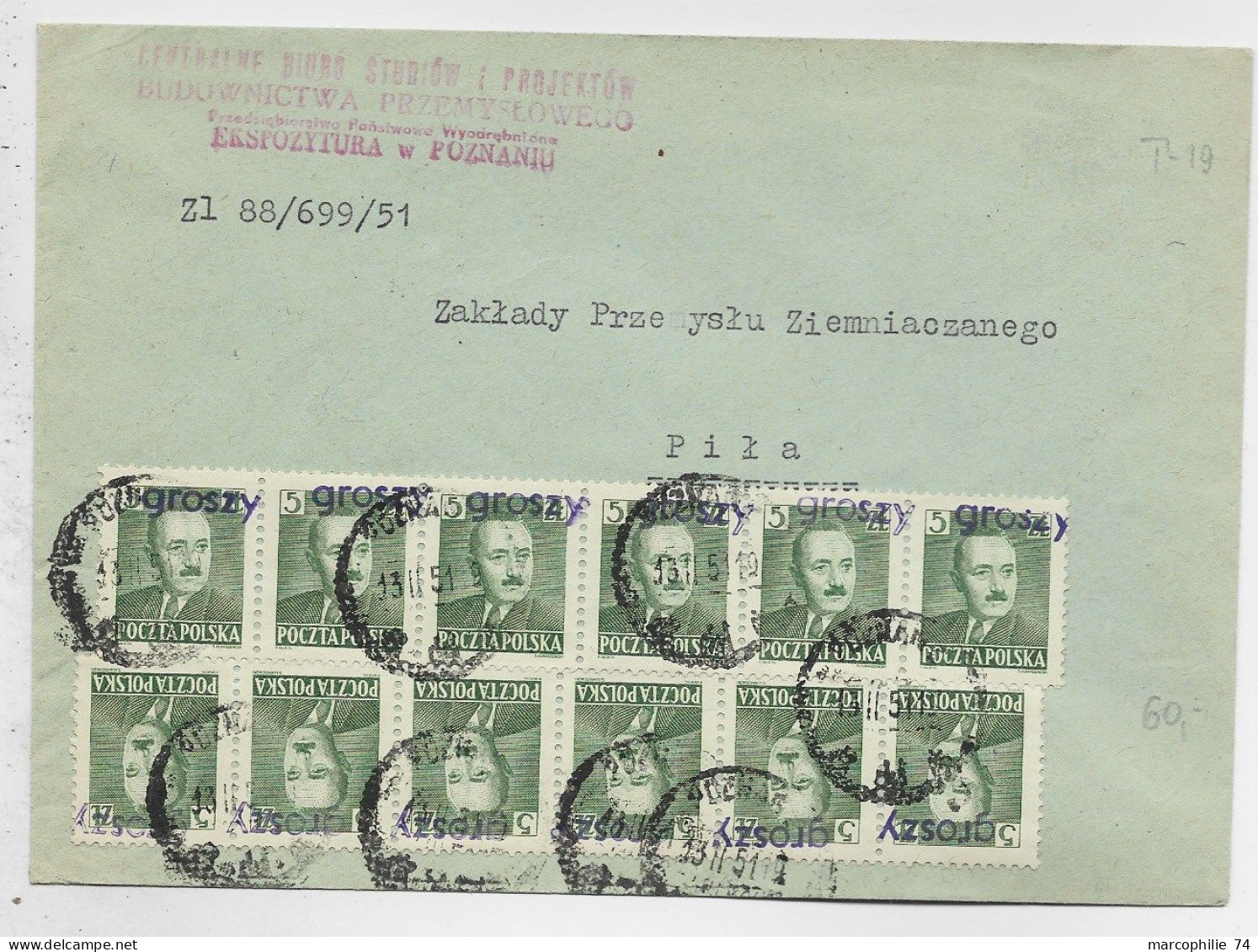 POLAND POLSKA 5ZT X12 SURCHARGE GROSZY LETTRE COVER POZNAN 1951 - Briefe U. Dokumente