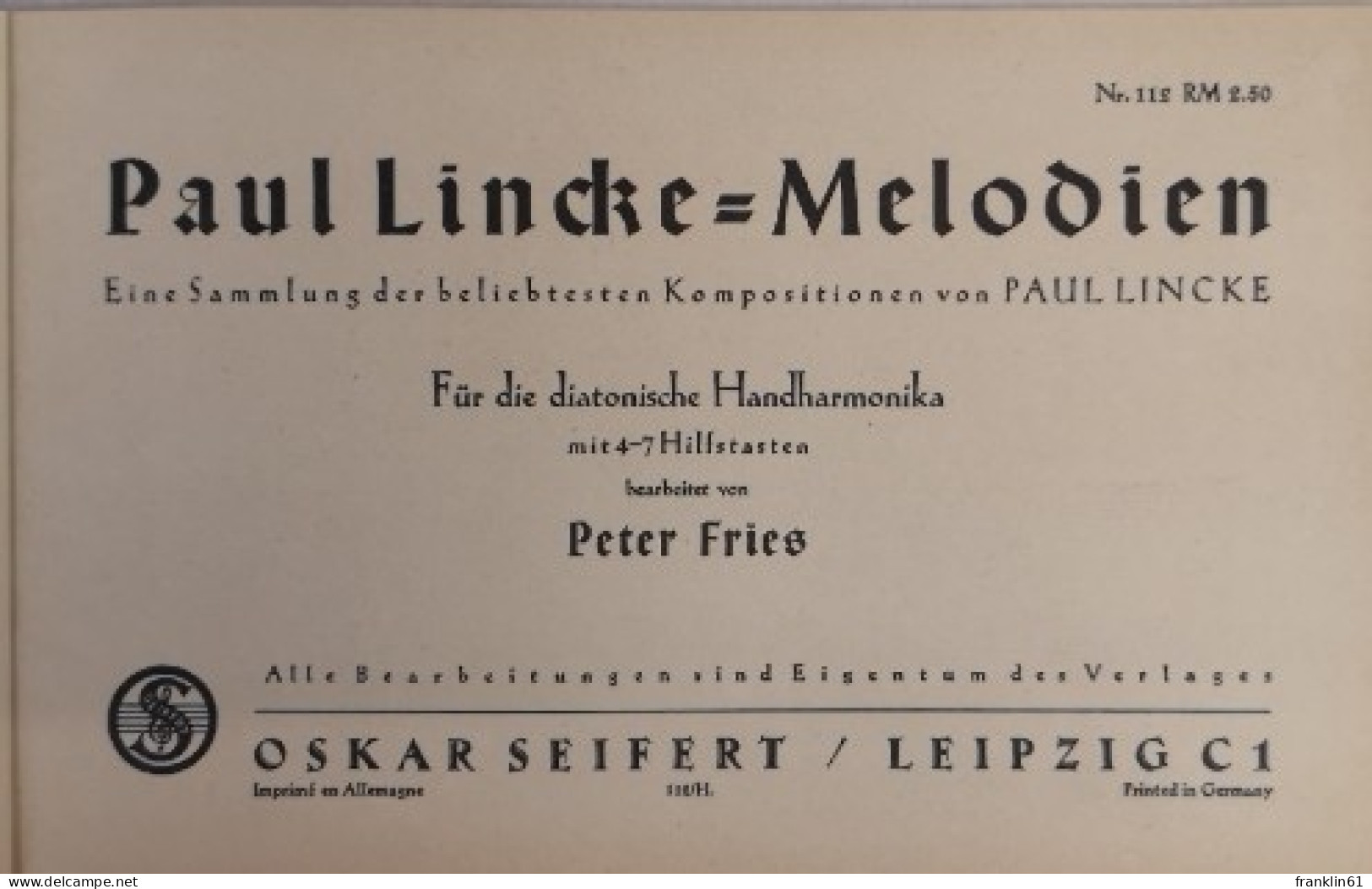 Paul Lincke. Melodien Für Handharmonika. - Musica