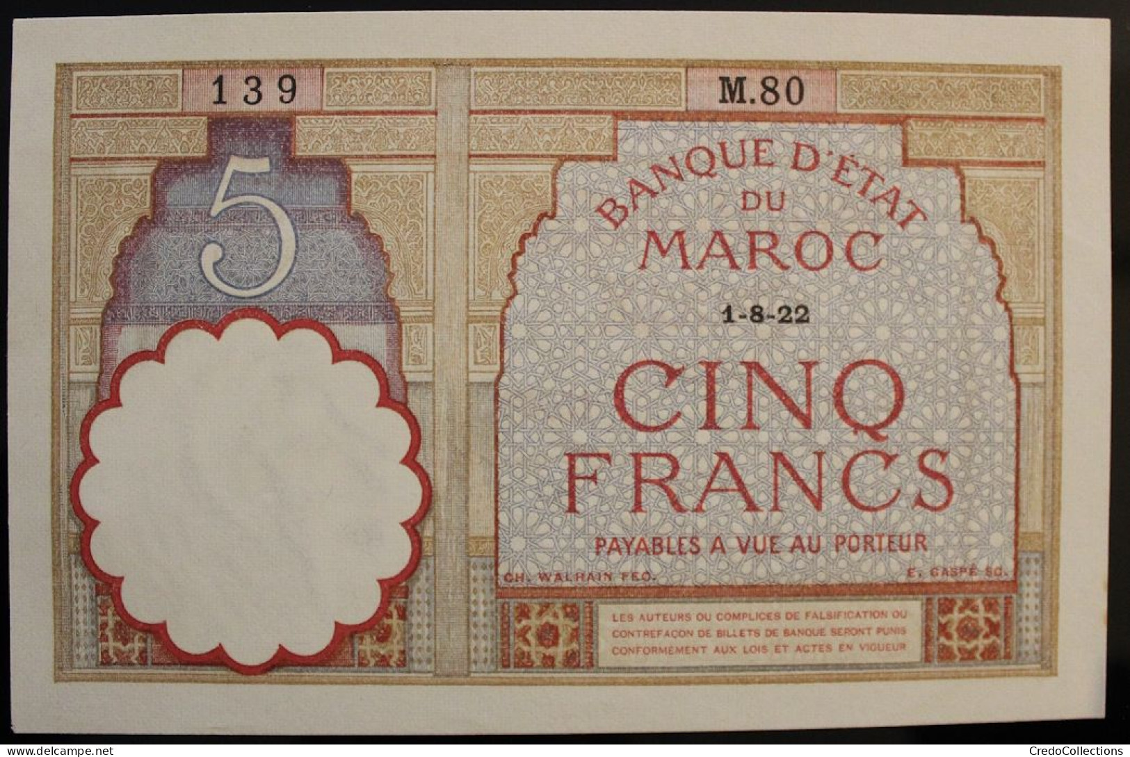 Maroc - 5 Francs - 1922 - PICK 23 Aa - SPL	/ NEUF - Marocco