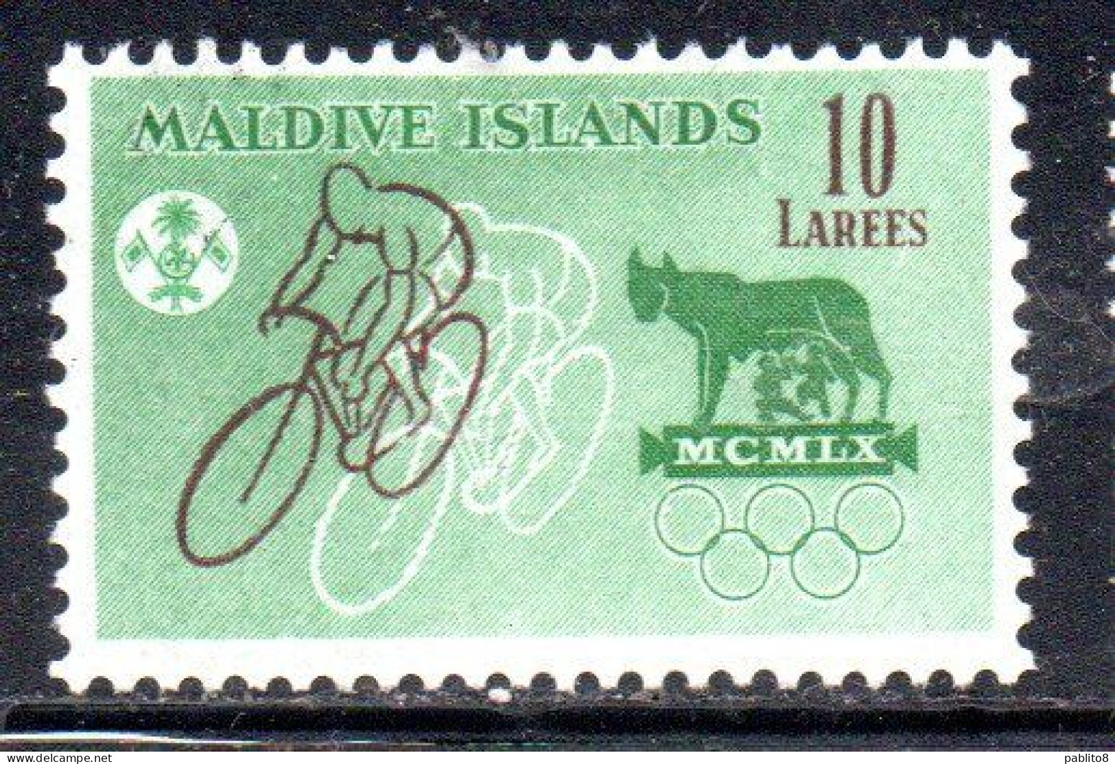 MALDIVES ISLANDS ISOLE MALDIVE BRITISH PRETOCTARATE 1960 OLYMPIC GAMES ROME BICYCLIST 10L MLH - Maldiven (...-1965)