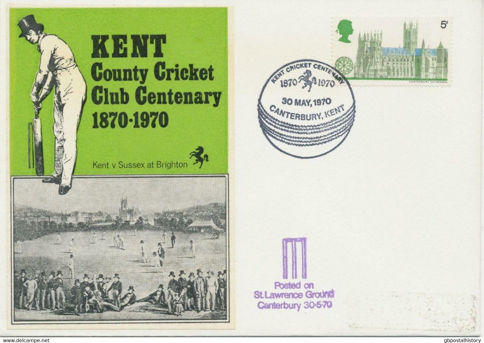 GB SPECIAL EVENT POSTMARKS KENT CRICKET CENTENARY 1870-1970 CANTERBURY, KENT, 30.5.1970 - Marcophilie