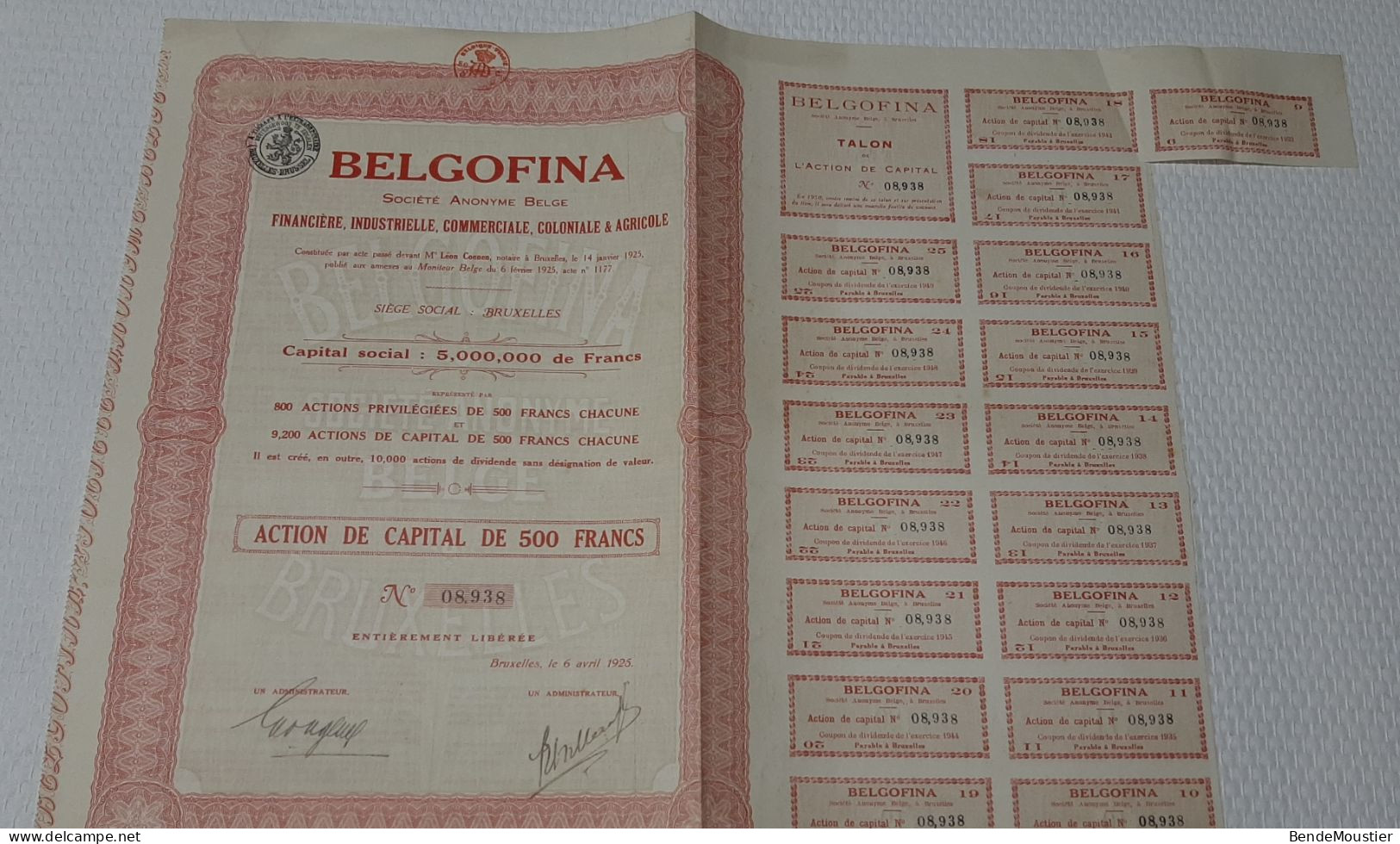 Belgofina S.A.Bege - Financière, Industrielle, Commerciale, Coloniale & Agricole - Action De Capital - Bruxelles 1925. - Banque & Assurance