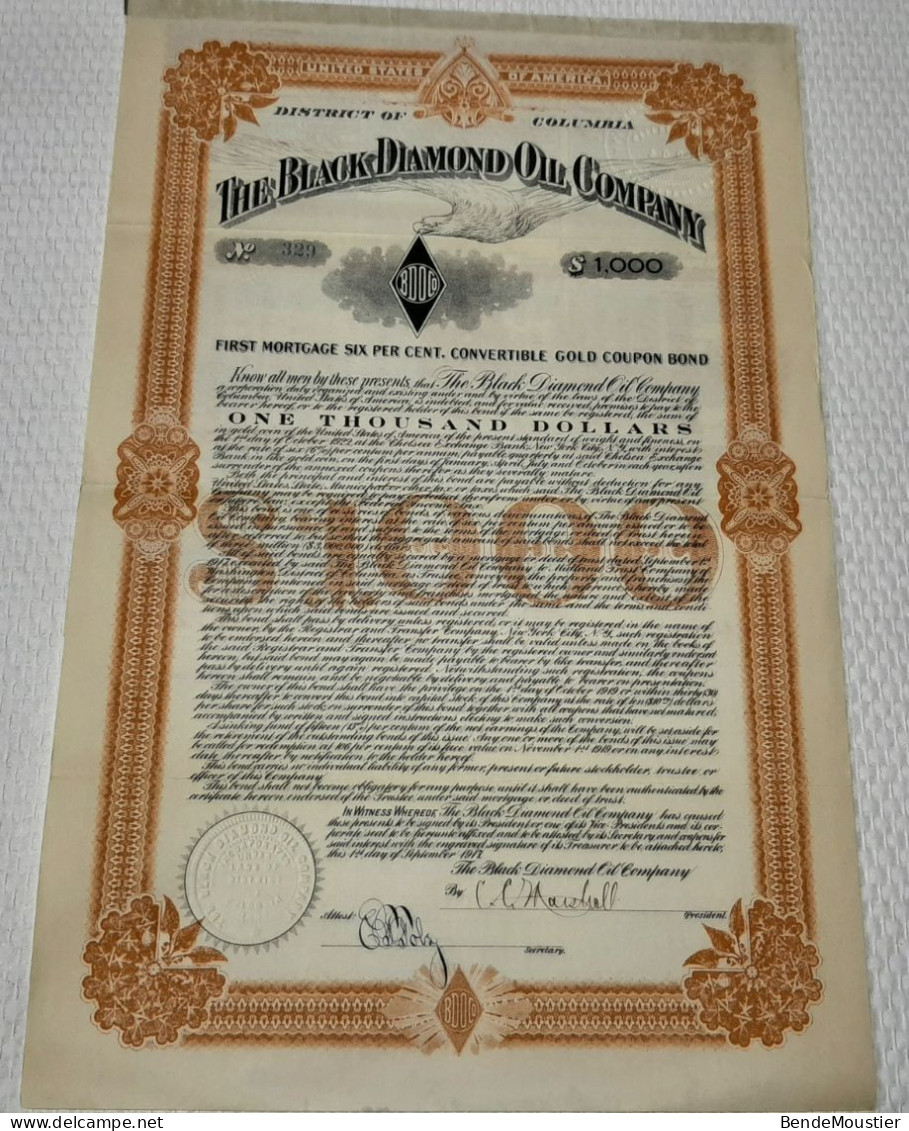 District Of Columbia - The Black Diamond Oil Company - First Mortage 6 % Convertible Gold Coupon Bond - 1917. - Oil