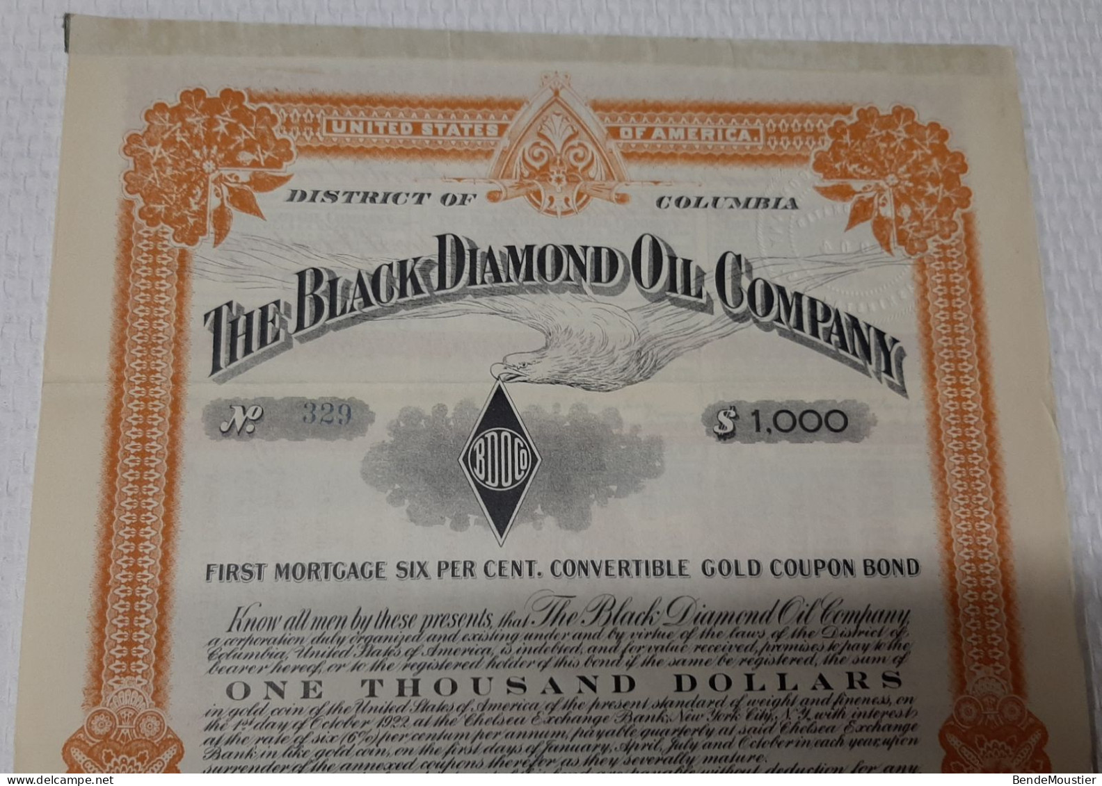 District Of Columbia - The Black Diamond Oil Company - First Mortage 6 % Convertible Gold Coupon Bond - 1917. - Oil