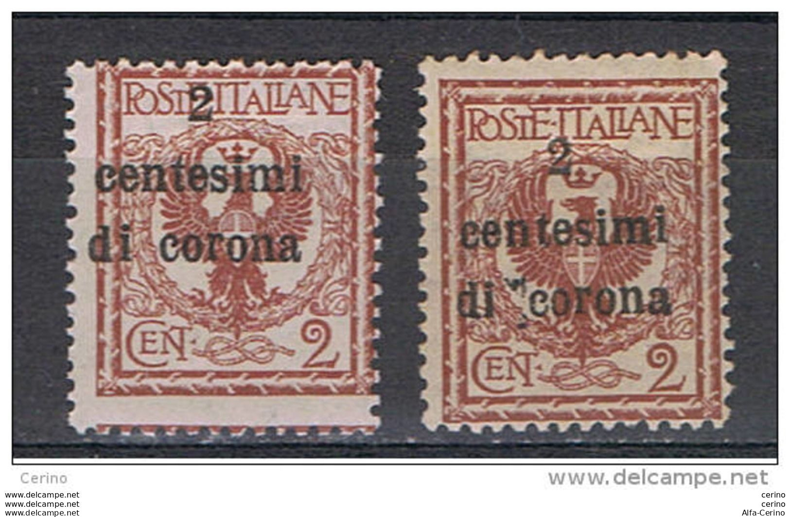 TRENTO  &  TRIESTE:  1919  SOPRASTAMPATO  -  2 C./2 C. ROSSO  BRUNO  N. -  RIPETUTO  2  VOLTE  -  SASS. 2 - Trento & Trieste