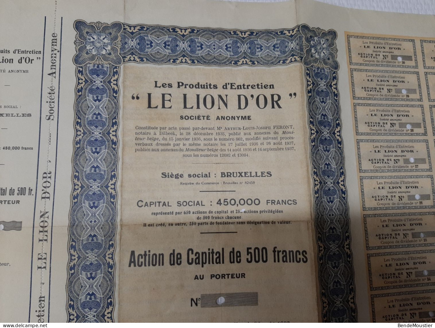 Les Produits D'Entretien " Le Lion D'Or" S.A. - Action De Capital De 500 Frs Au Porteur - Bruxelles 1937. - Industry