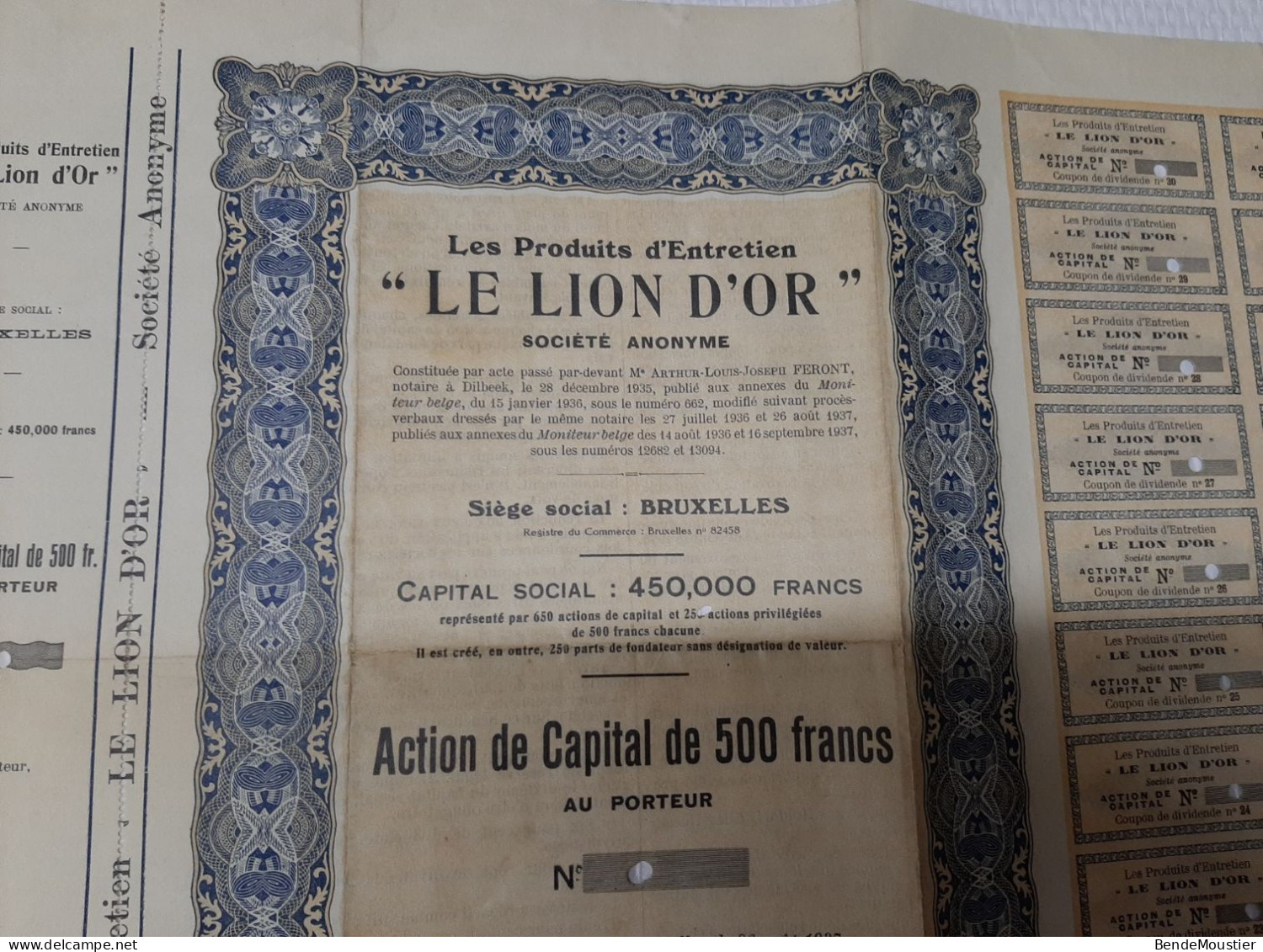 Les Produits D'Entretien " Le Lion D'Or" S.A. - Action De Capital De 500 Frs Au Porteur - Bruxelles 1937. - Industrie