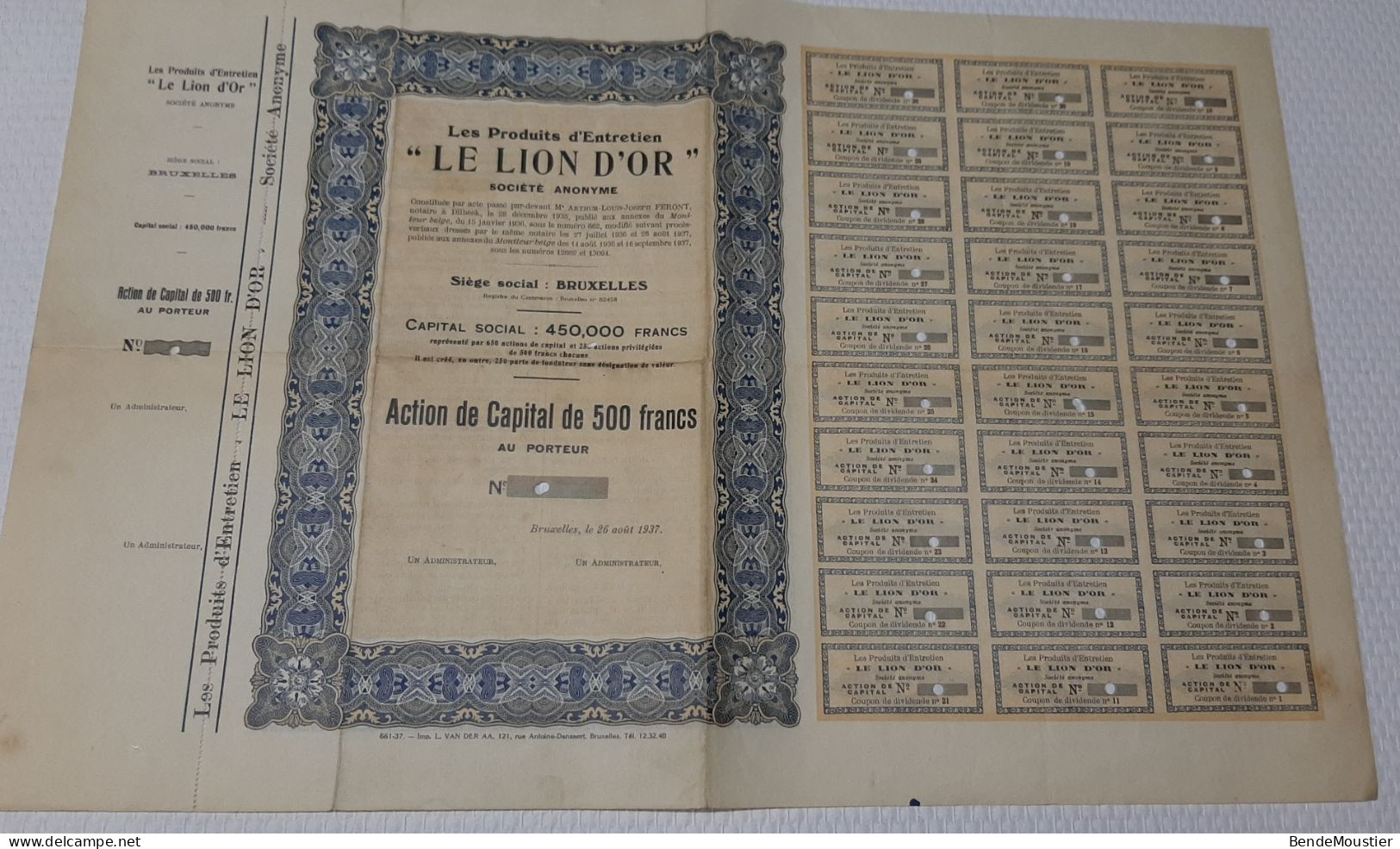 Les Produits D'Entretien " Le Lion D'Or" S.A. - Action De Capital De 500 Frs Au Porteur - Bruxelles 1937. - Industry