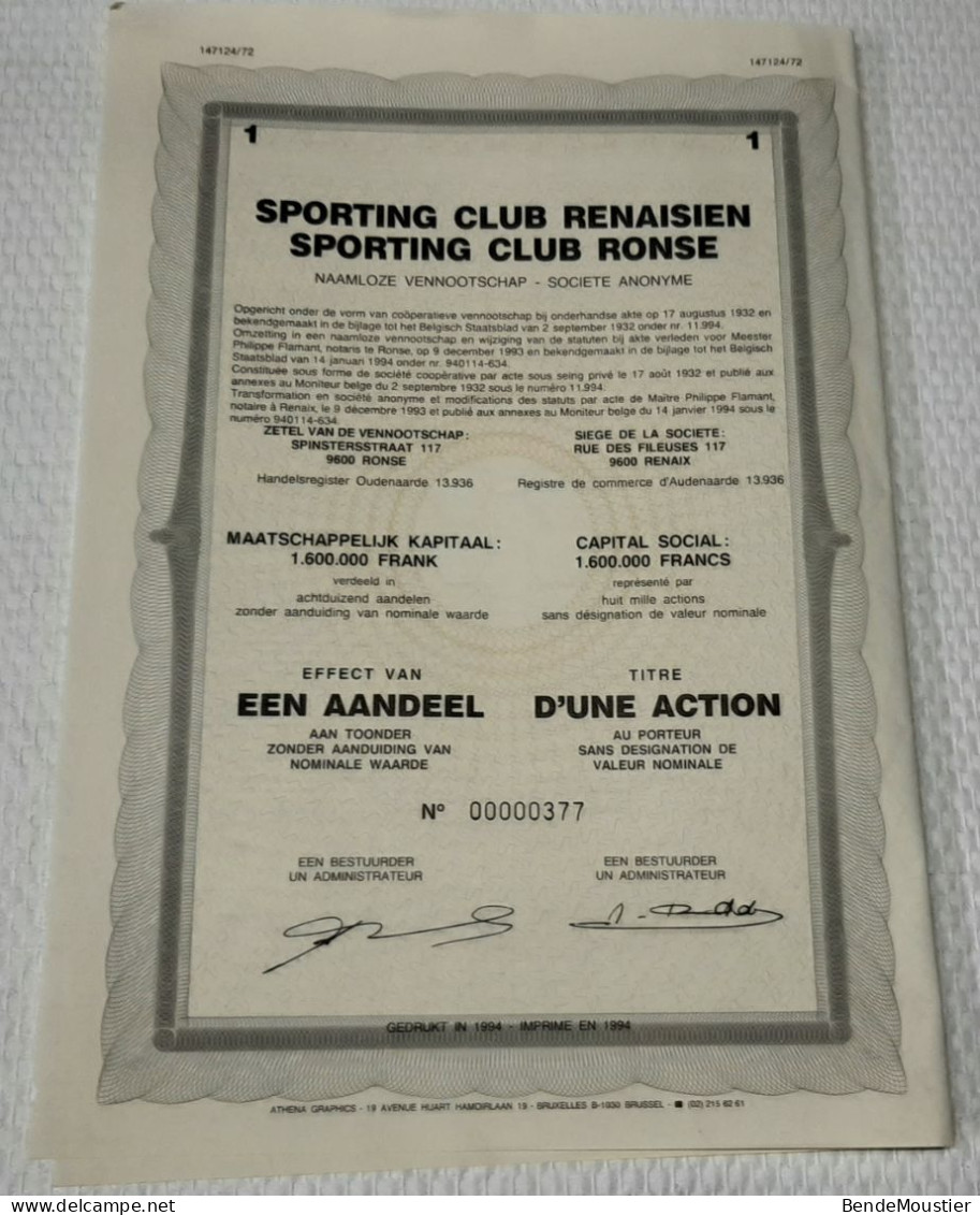 S.A. Sporting Club Renaisien - Sporting Club Ronse - Une Action Au Porteur - Renaix - Ronse  1994 - Sports