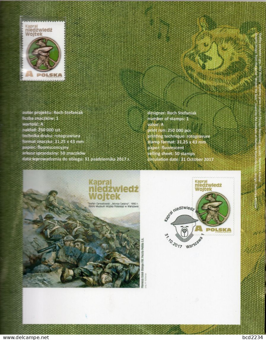 POLAND 2017 POLISH SPECIAL LIMITED EDITION FOLDER: CORPORAL WOJTEK THE SOLDIER BEAR WW2 ANDERS MONTE CASSINO II CORP - Lettres & Documents