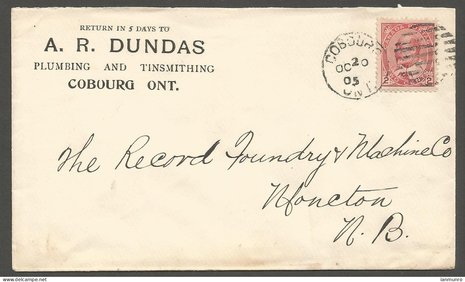 1905 Plumbing Tinsmithing Corner Card Cover 2c Edward Cobourg Ontario To Moncton New Brunswick NB - Histoire Postale