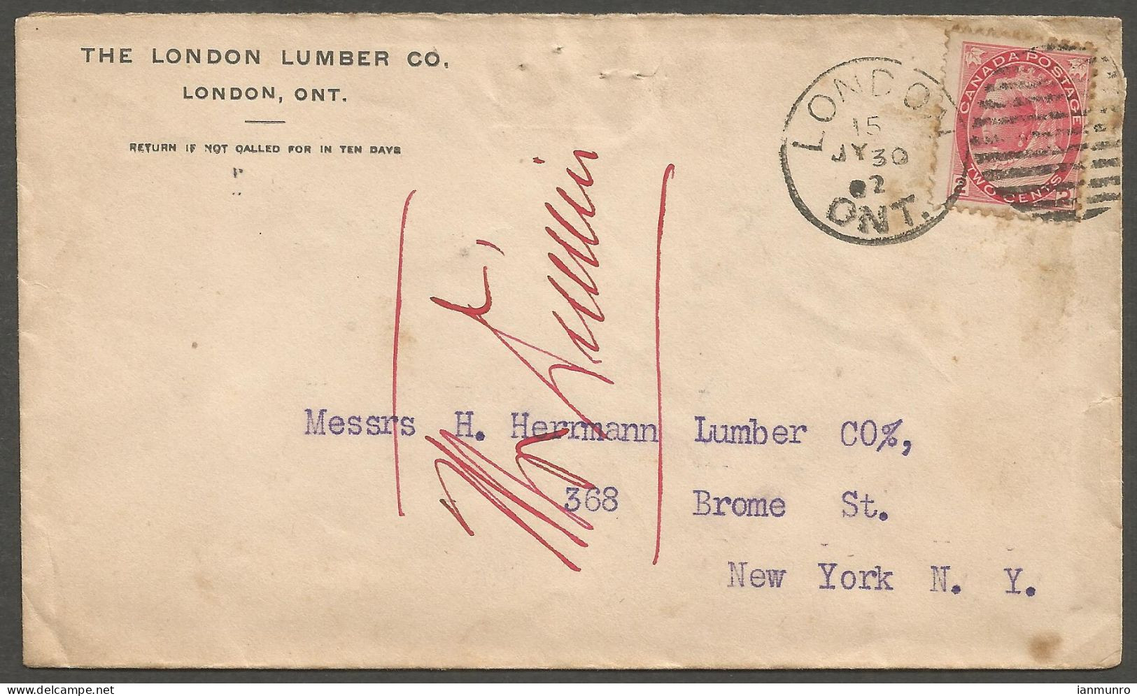 1902 London Lumber Corner Card Cover 2c Numeral Duplex London Ontario To USA - Histoire Postale