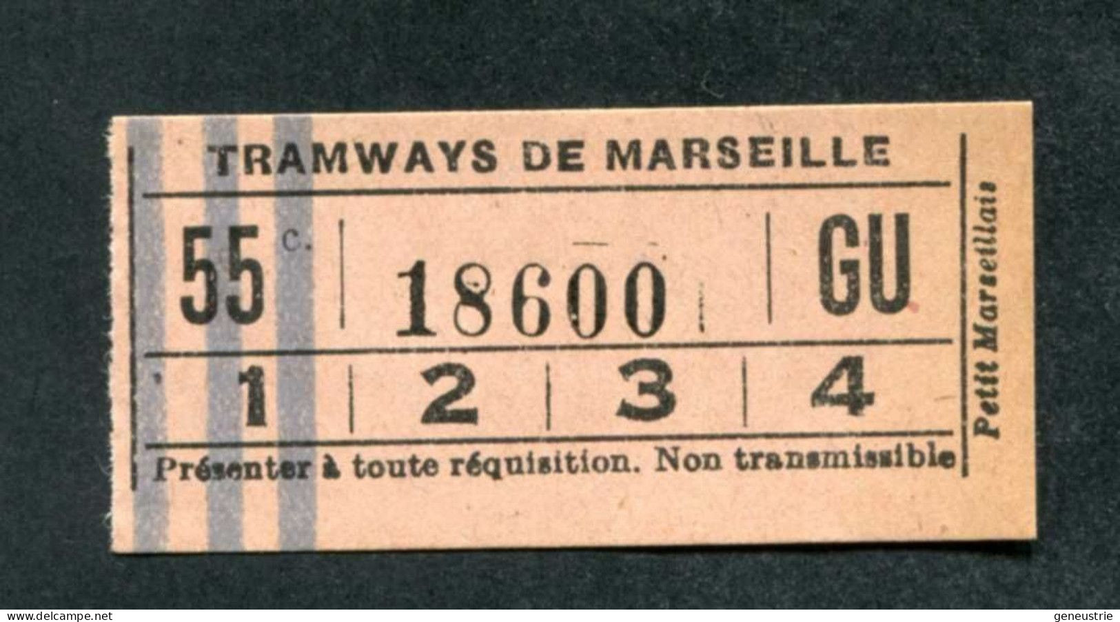 Ticket Billet Tramway - Milieu XXe "Tramways De Marseille / 55c" Tram / Tramway - Europa