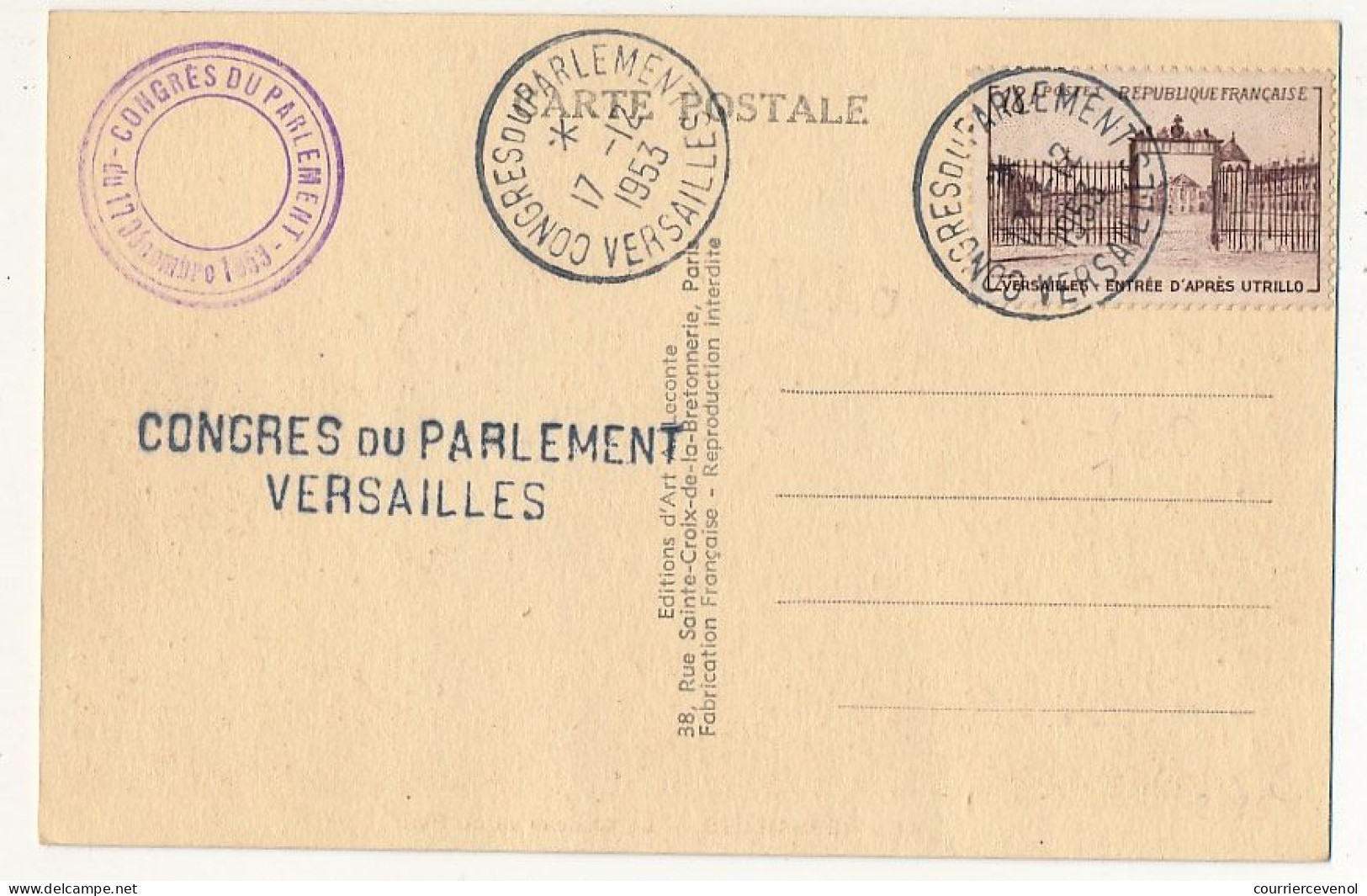 FRANCE - CPSM  Affr 18F Versailles Entrée - Obl Congrès Du Parlement Versailles 17/12/1953 - Le Château ... - Aushilfsstempel