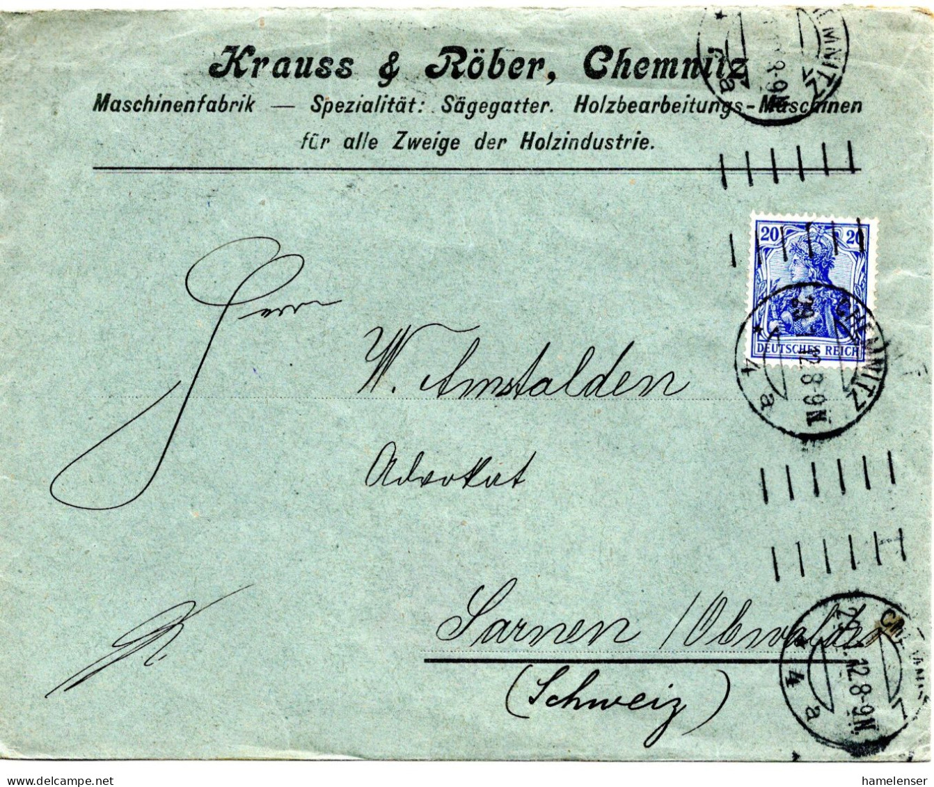 61680 - Deutsches Reich - 1912 - 20Pfg Germania EF A Bf CHEMNITZ -> SARNEN (Schweiz) - Covers & Documents