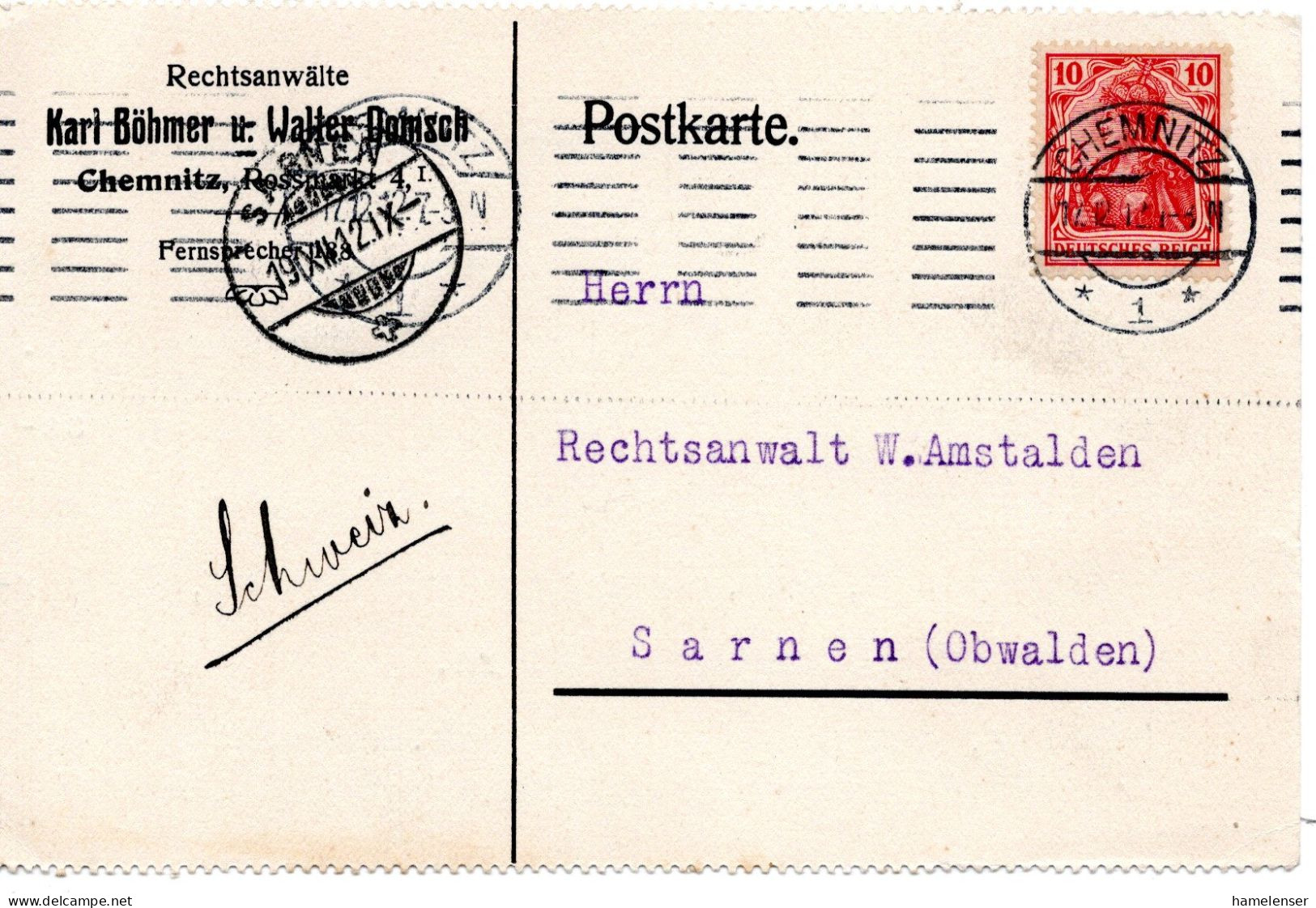 61681 - Deutsches Reich - 1912 - 10Pfg Germania EF A Kte CHEMNITZ -> SARNEN (Schweiz) - Lettres & Documents