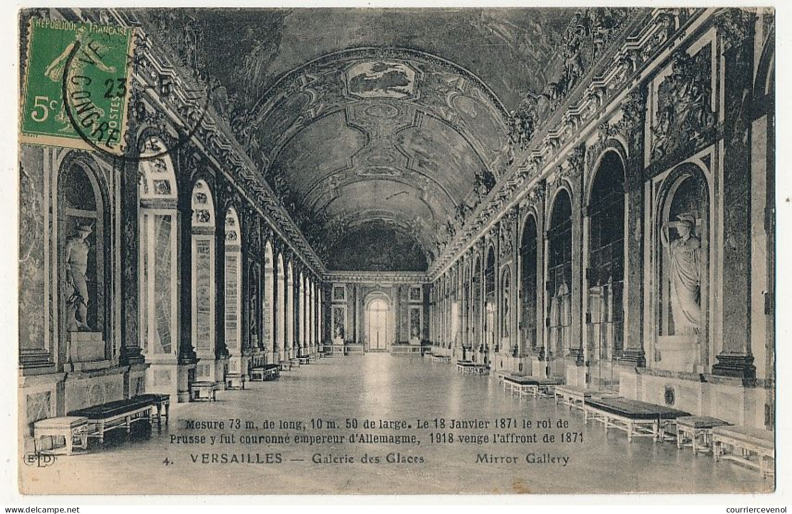 FRANCE - CPA  Affr 5c Semeuse Obl Versailles Congrès De La Paix - 23/5/1919 - Galerie Des Glaces - Cachets Provisoires