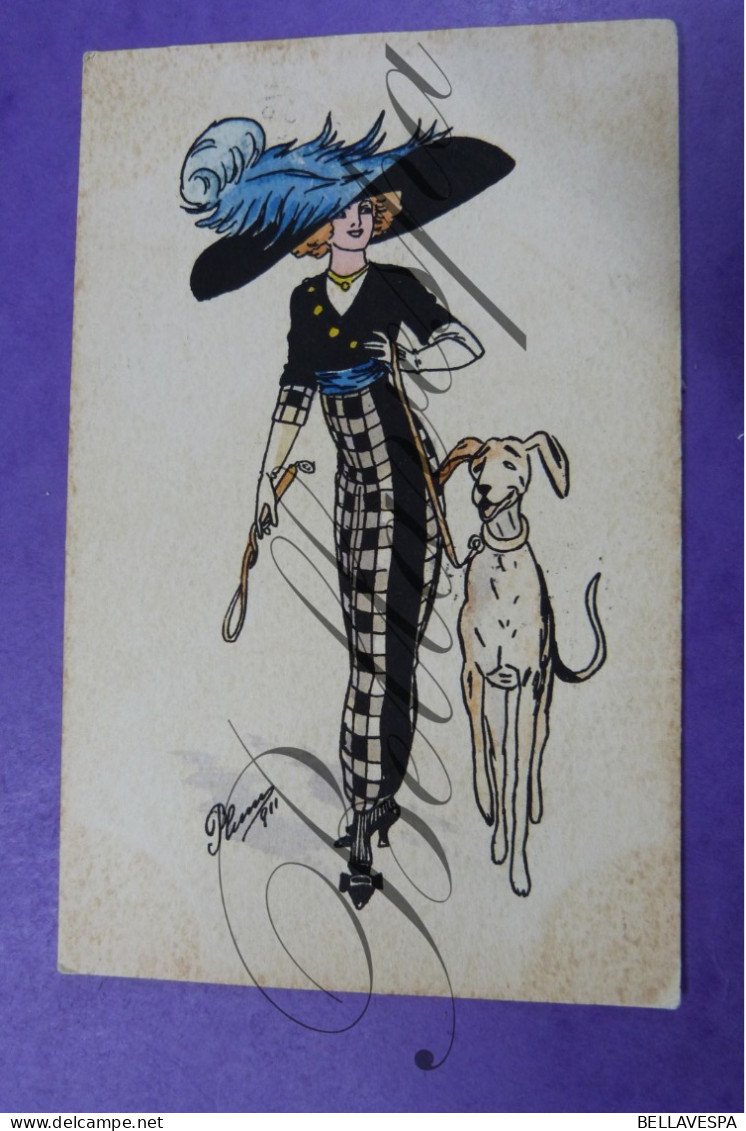 Art Deco Girl  Illustrateur Artist "PLUM " 1910 Chapeau  Dog - Autres & Non Classés