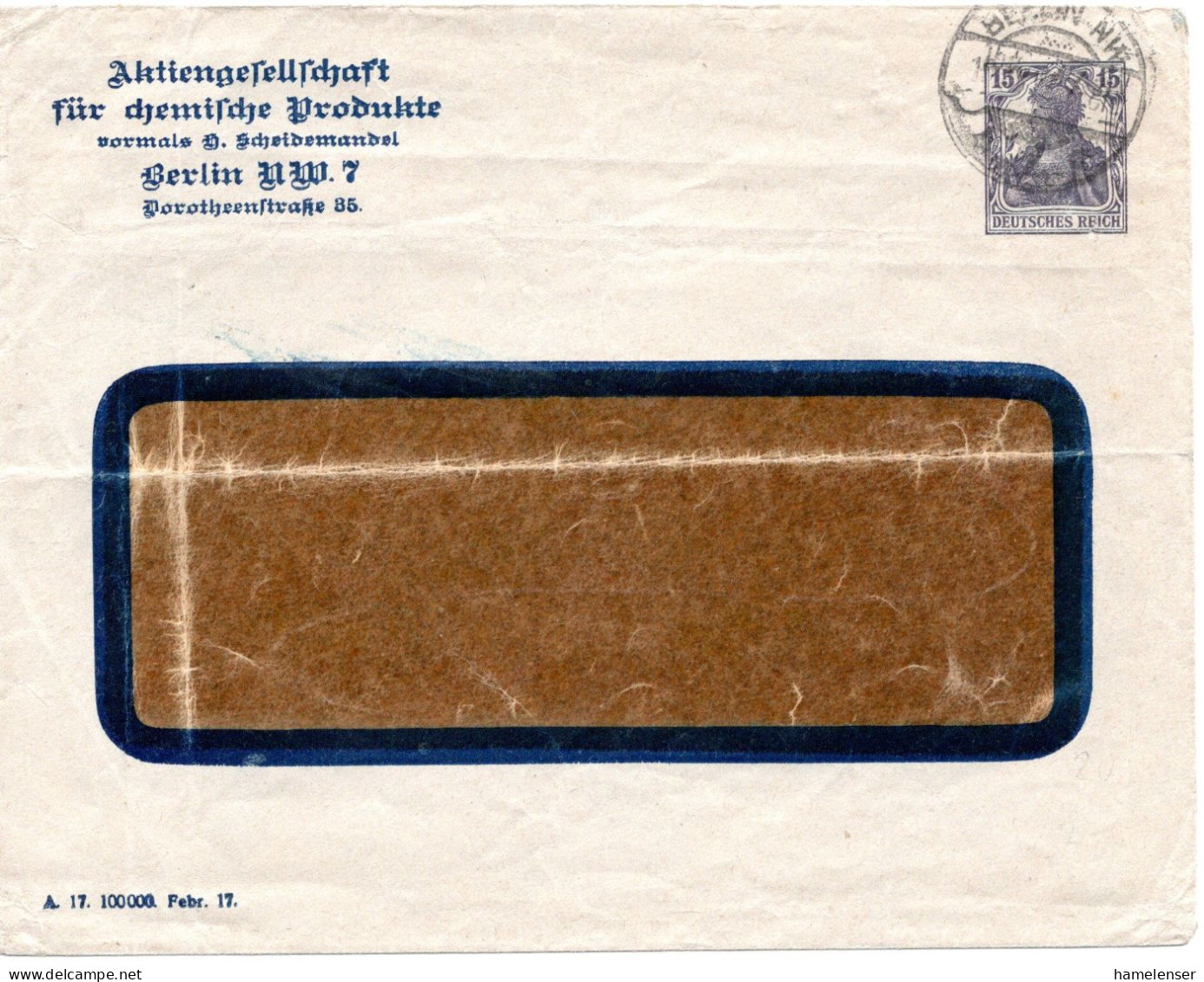 61689 - Deutsches Reich - 1918 - 15Pfg Germania PGAFensterUmschlag BERLIN, Le Waag Querbug - Enveloppes