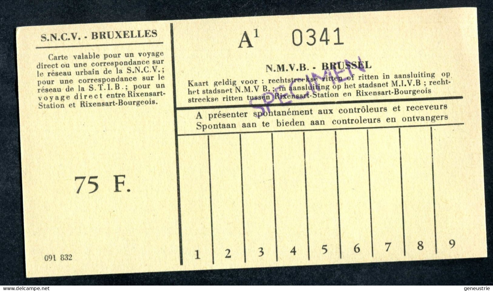 Ticket "SPECIMEN" Des Tramways SNCV "Sté Nationale Des Chemins De Fer Vicinaux" Tramway De Bruxelles - Europe