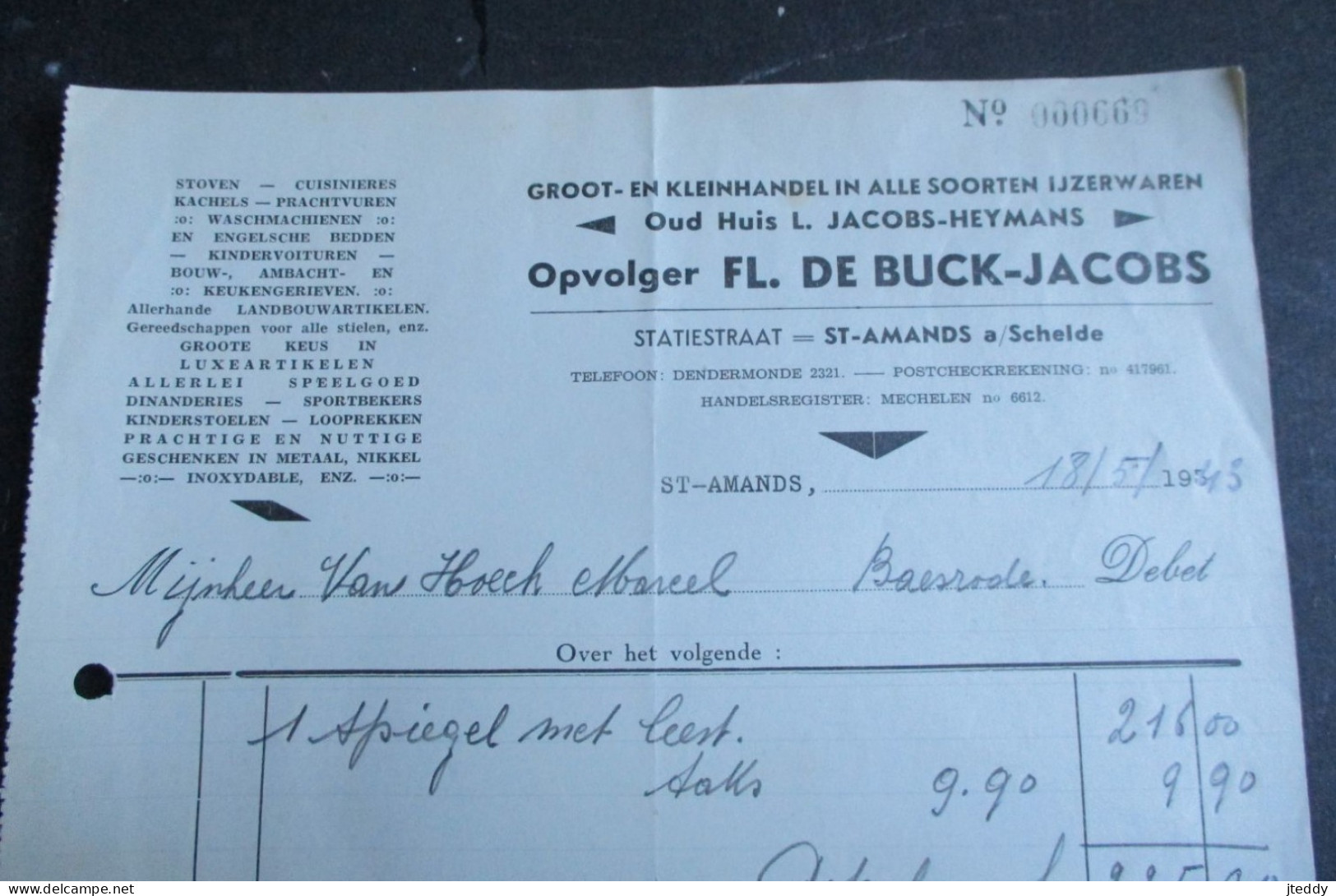 Oude Faktuur  1943 Plus 2 Fiscale Zegels  OPvolger  FL .  DE  BUCK  -  JACOBS  Statiestr .  == ST - AMANDS  A:  SCHELDE - Puurs