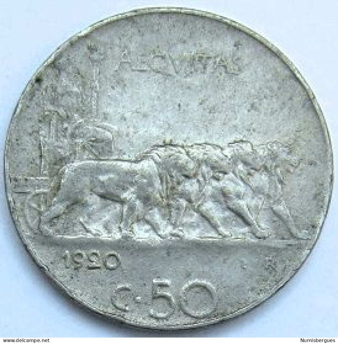 Pièce De Monnaie 50 Centesimis  1920 Tranche Lisse - 1900-1946 : Victor Emmanuel III & Umberto II