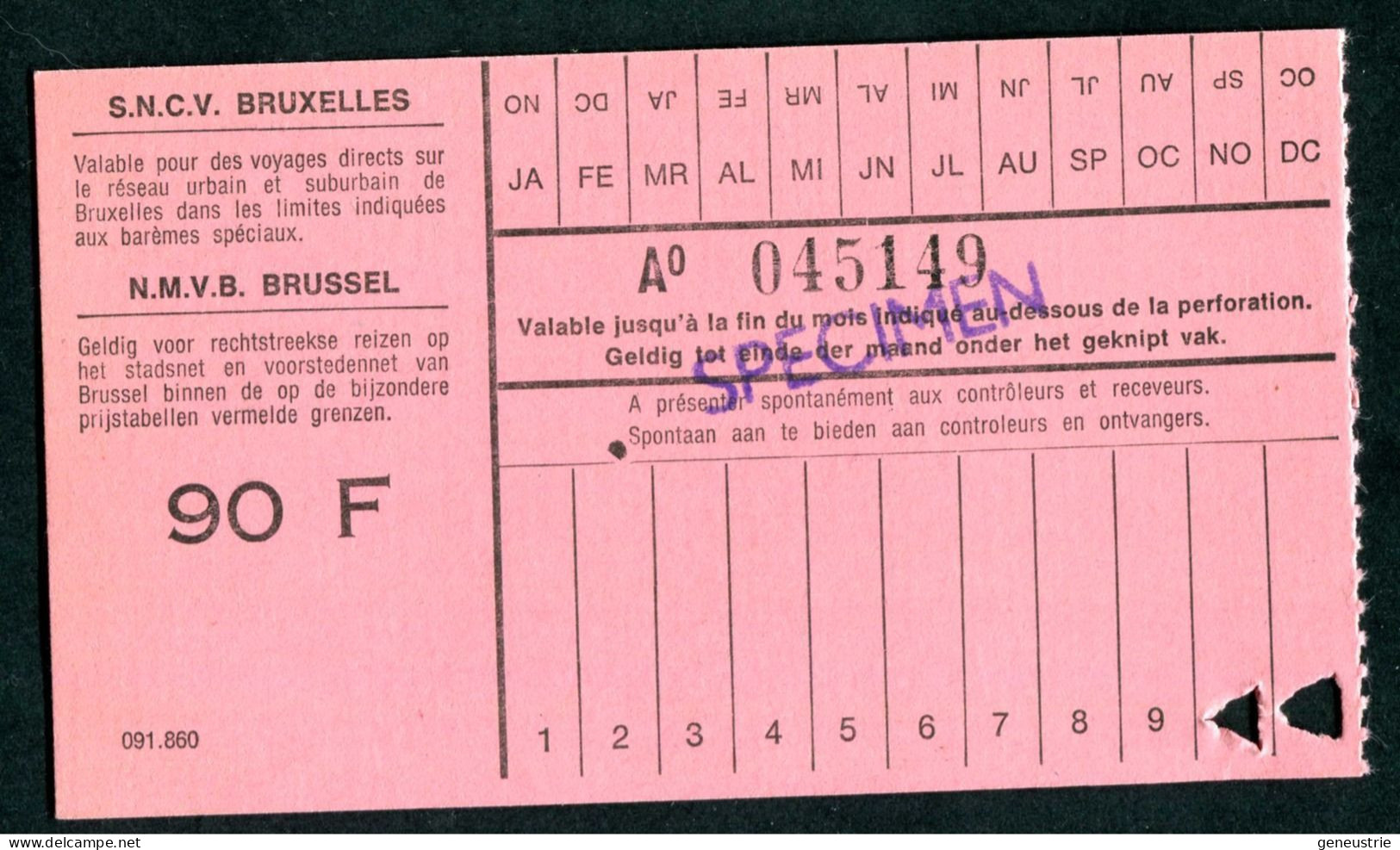 Ticket "SPECIMEN" Des Tramways SNCV "Sté Nationale Des Chemins De Fer Vicinaux" Tramway - Bruxelles - Europe