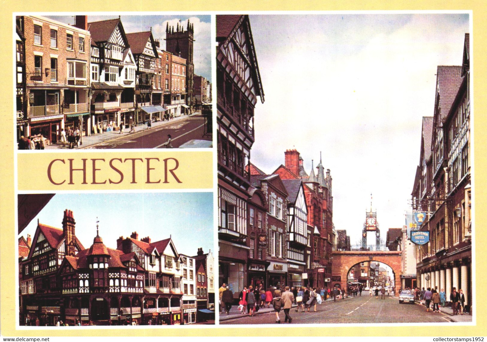 CHESTER, MULTIPLE VIEWS, ARCHITECTURE, CAR, GATE, TOWER WITH CLOCK, UNITED KINGDOM, POSTCARD - Chester