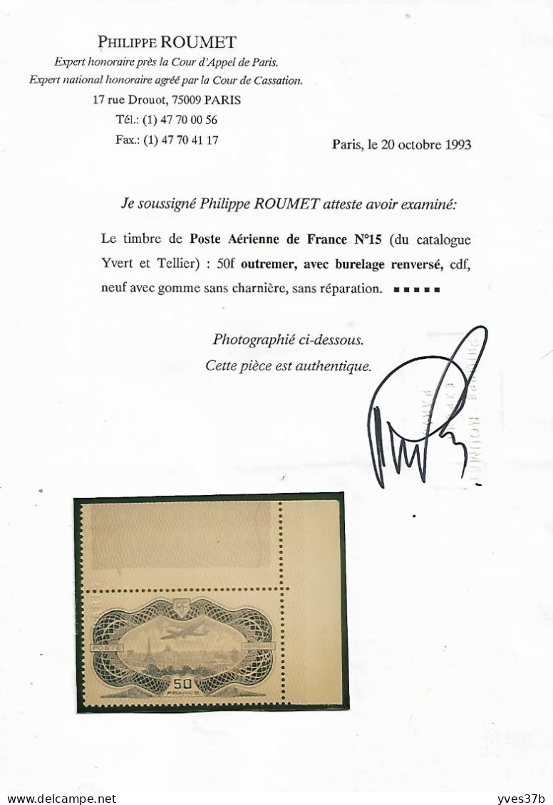FRANCE N°PA 15b "50frs Outremer" Burelage Renversé - CdF - Signé Roumet/Certificat - SUP - - 1927-1959 Mint/hinged