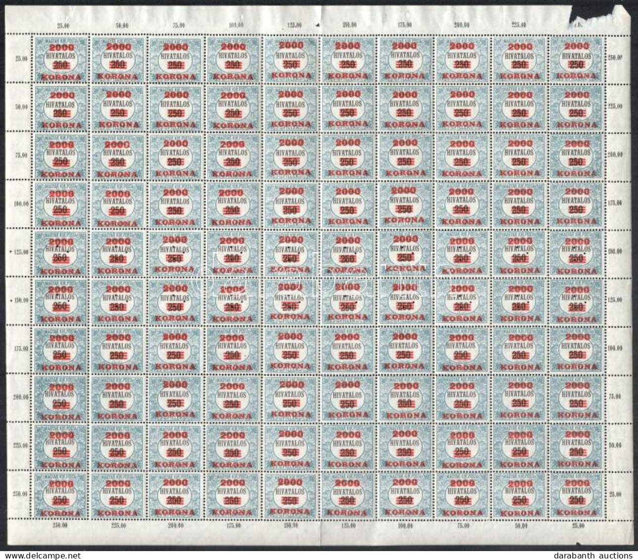 ** 1921 Hivatalos 2000K/250f Hajtott 100-as Teljes ívben, Benne 20 Bélyeg Hármas Lyukasztással (66.000) (hiányos ívszél, - Autres & Non Classés