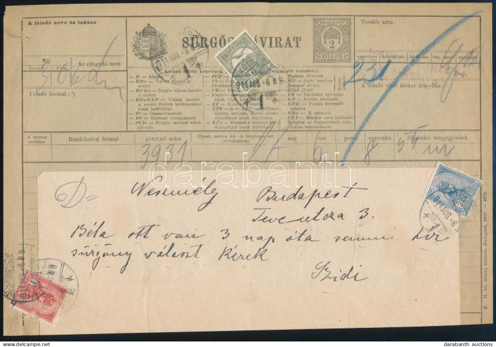 1917 Sürgős-Távirat Turul 6f és 1K + 2K Bélyegekkel "KOLOZSVÁR" - Budapest - Other & Unclassified