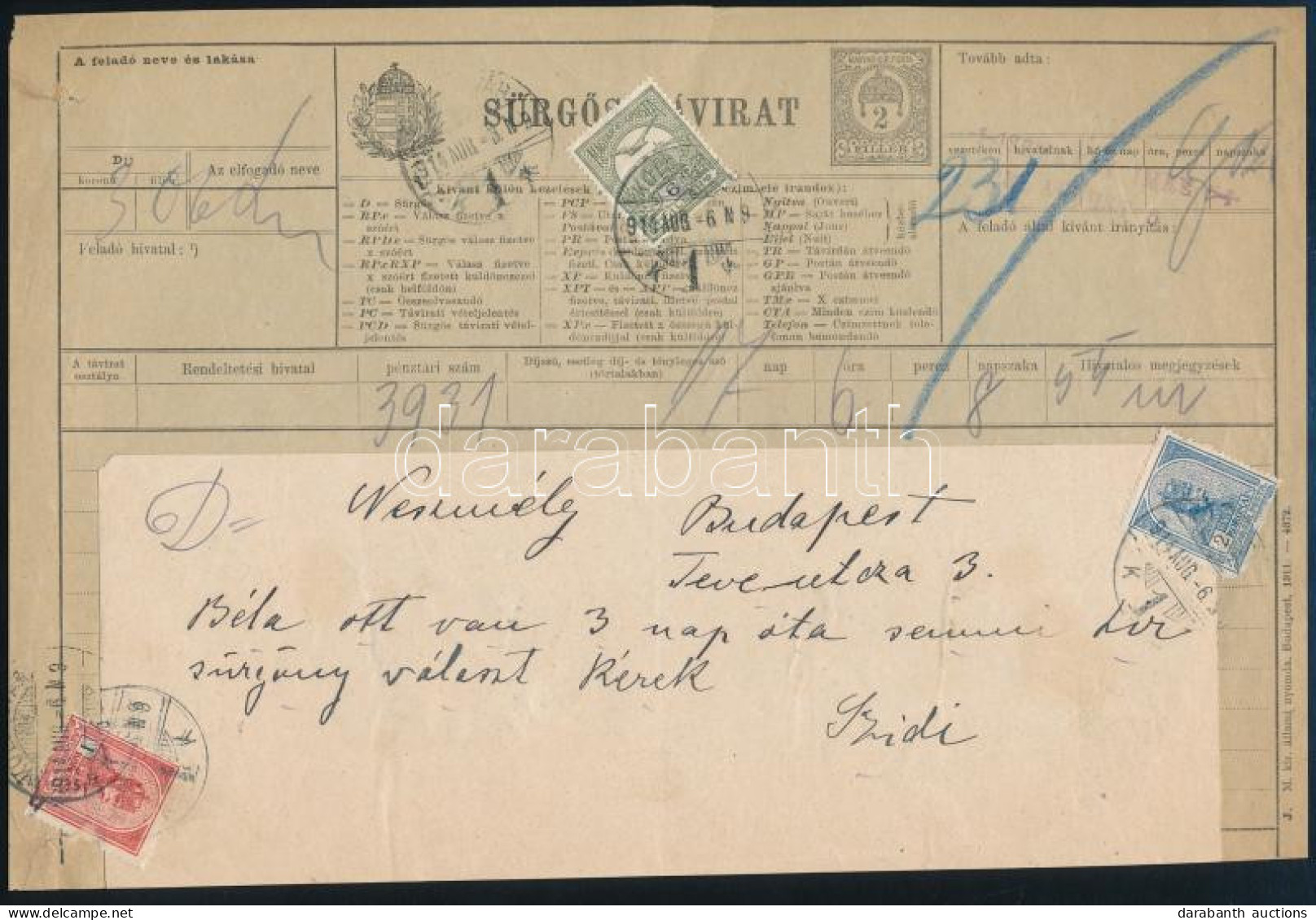 1917 Sürgős-Távirat Turul 6f és 1K + 2K Bélyegekkel "KOLOZSVÁR" - Budapest - Sonstige & Ohne Zuordnung