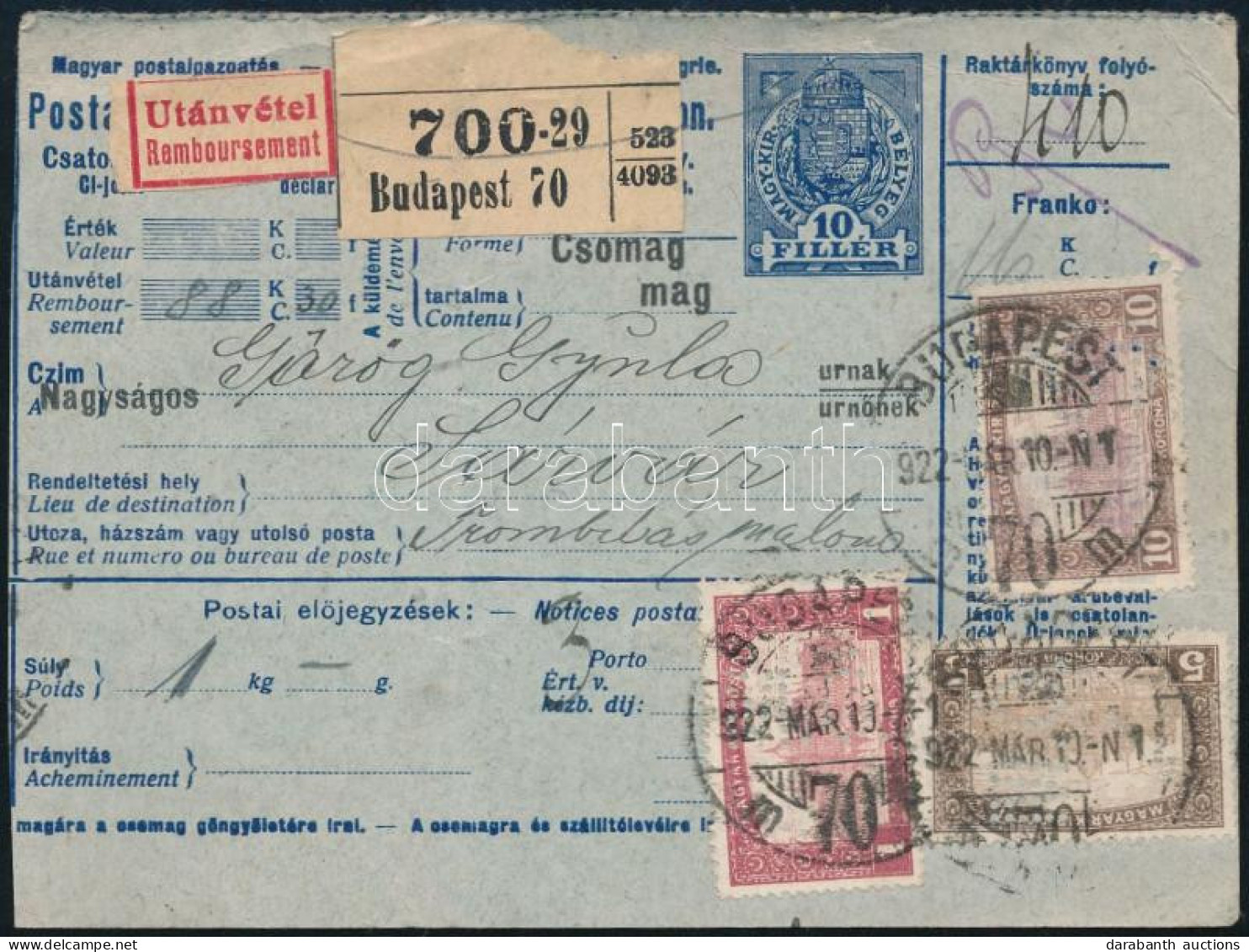 1922 Utánvétes Csomagszállító 16K Bérmentesítéssel, M.Ö. Perfinnel - Sonstige & Ohne Zuordnung