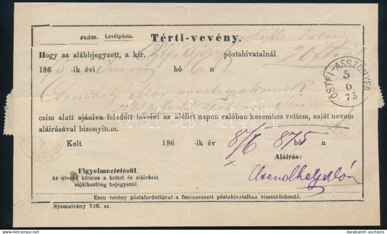 1875 Nagyon Ritka Postautalványi Térti-vevény Hátoldalon 2 Db 1874-es 5kr-ral (felbontás Miatt Sérült) "OSTFI-ASSZONYFA" - Andere & Zonder Classificatie