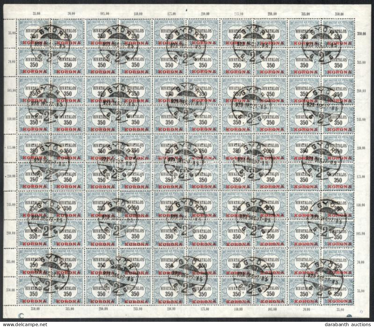 O 1921 Hivatalos 350K/350f Hajtott 100-as Teljes ívben, Benne 20 Bélyeg Hármas Lyukasztással (22.000) (fogelválások / Ap - Sonstige & Ohne Zuordnung