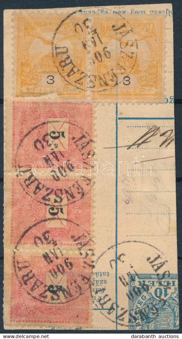 1900 5kr Hármascsík és Turul 3f Pár (egyik 3f Sérült) Vegyes Bérmentesítés Csomagszállító Kivágáson "JÁSZ-FÉNSZARU" - Sonstige & Ohne Zuordnung