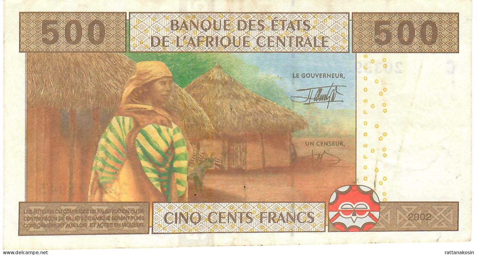 C.A.S. CHAD LETTER C  P606Ca 500 Francs 2002 SIGNATURE 5 = FIRST SIGNATURE   VF  NO P.h. - Central African States