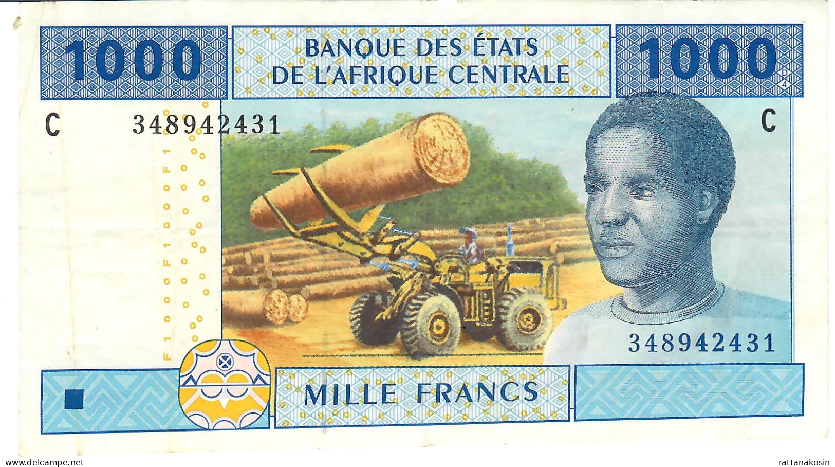 C.A.S. CHAD LETTER C  P607Ca 1000 Francs 2002 SIGNATURE 5 = FIRST SIGNATURE   VF  NO P.h. - Stati Centrafricani