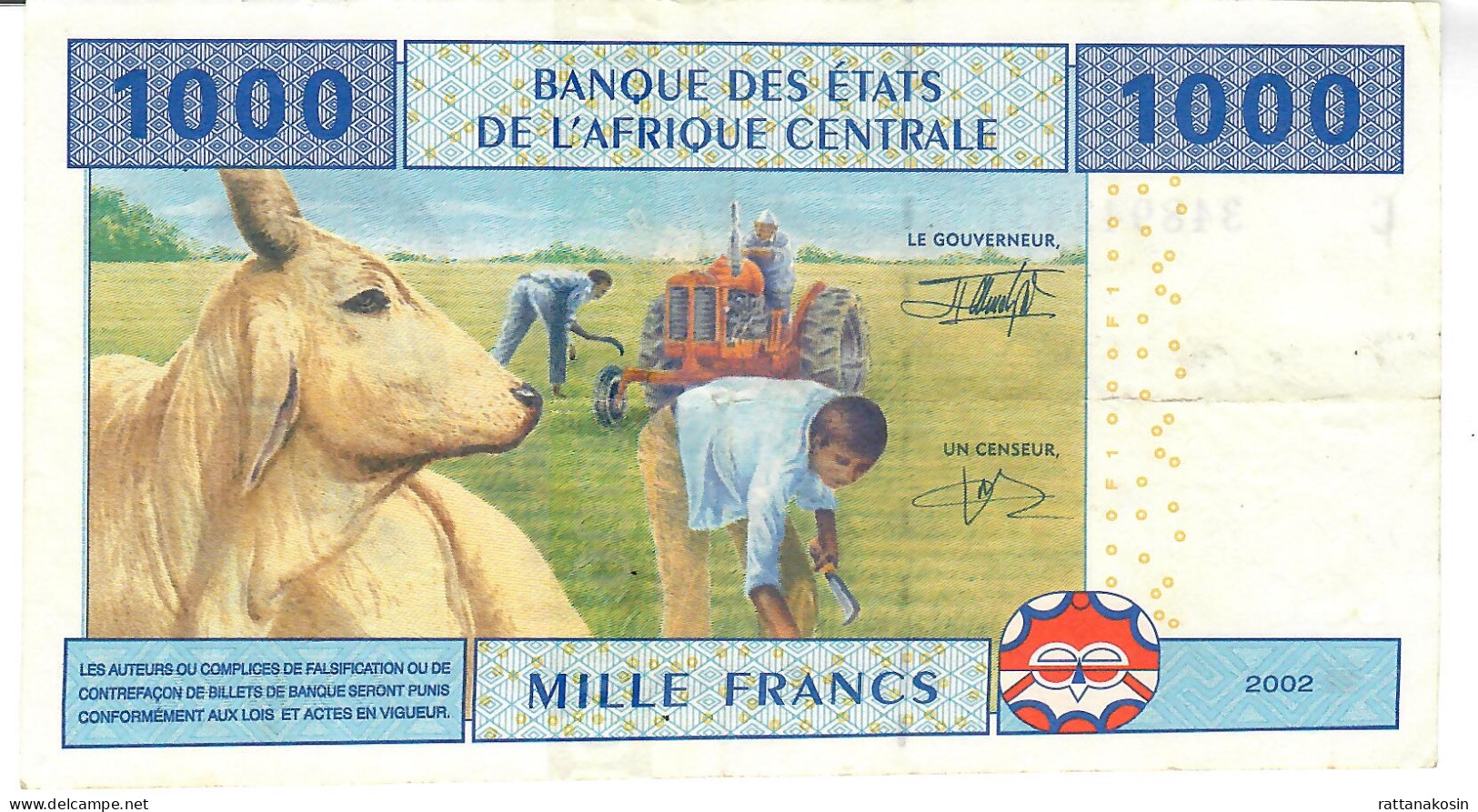 C.A.S. CHAD LETTER C  P607Ca 1000 Francs 2002 SIGNATURE 5 = FIRST SIGNATURE   VF  NO P.h. - Zentralafrikanische Staaten