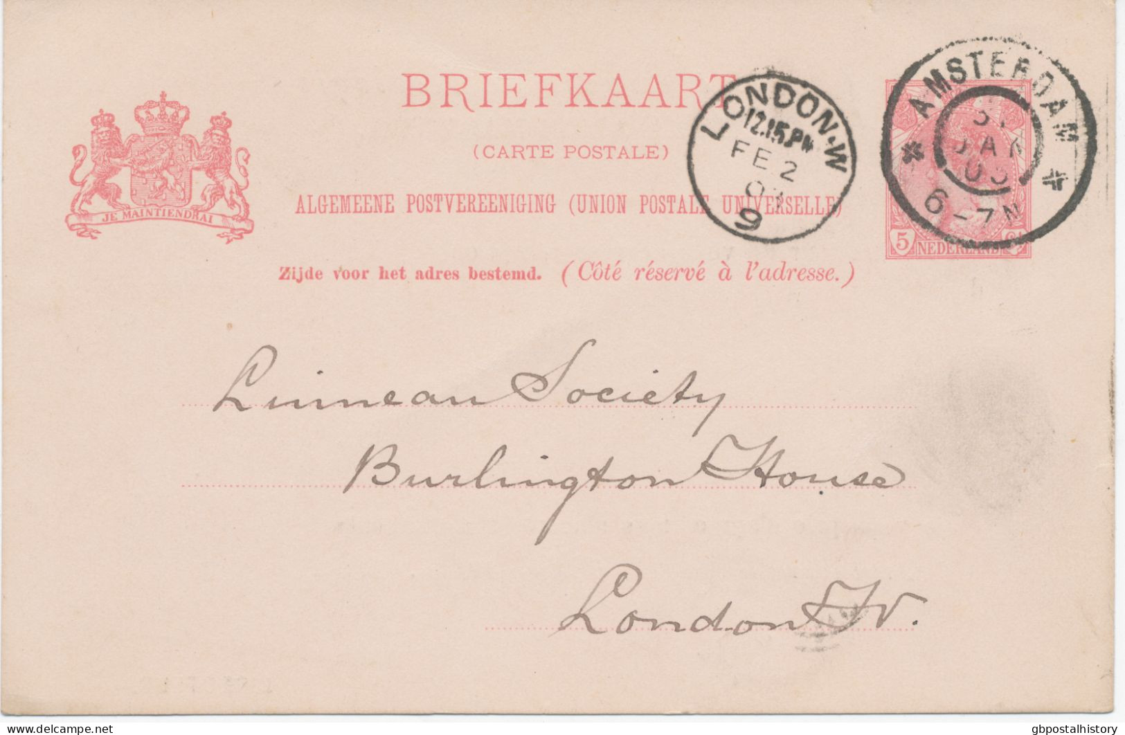 NIEDERLANDE / GB 1903 5 Ct Königin Wilhelmina GA-Postkarte Mit Privater Zudruck Von Der Société Royale De Zoologie NATUR - Inventors & Scientists