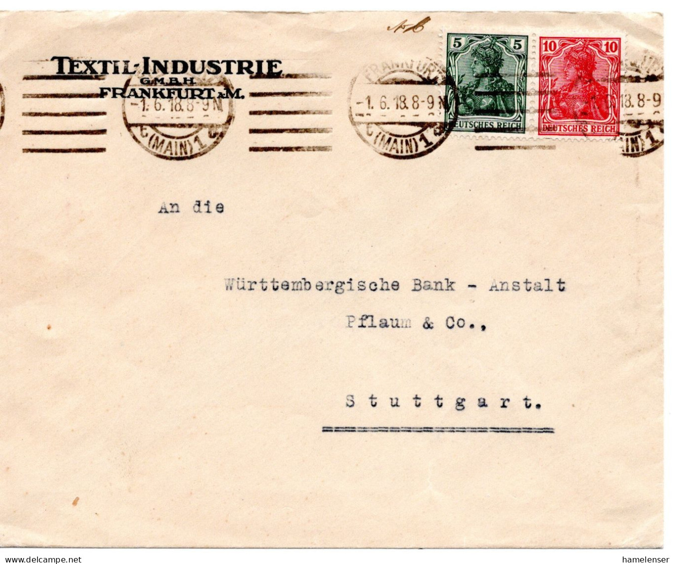 61706 - Deutsches Reich - 1918 - 10Pfg Germania MiF A Bf FRANKFURT -> Stuttgart - Lettres & Documents